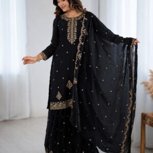 Women’s Pure Romansilk Chanderi Embroidered Kurti With Sharara & Dupatta Set