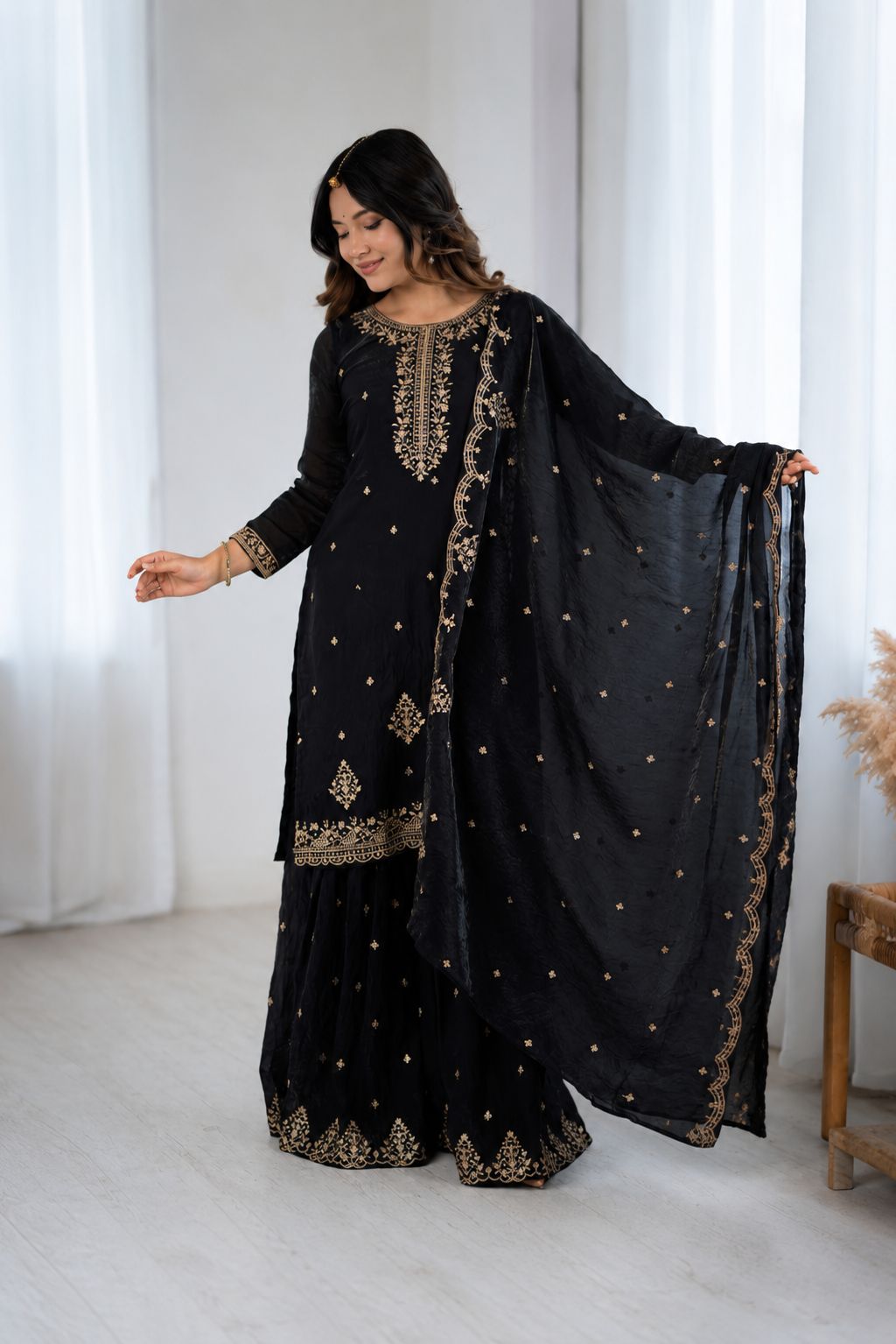 Women’s Pure Romansilk Chanderi Embroidered Kurti With Sharara & Dupatta Set