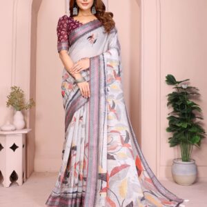 Elegant Linen Cotton Saree ? Soft Grey with Multicolor Autumn Leaf Print & Wine-Geometric Border