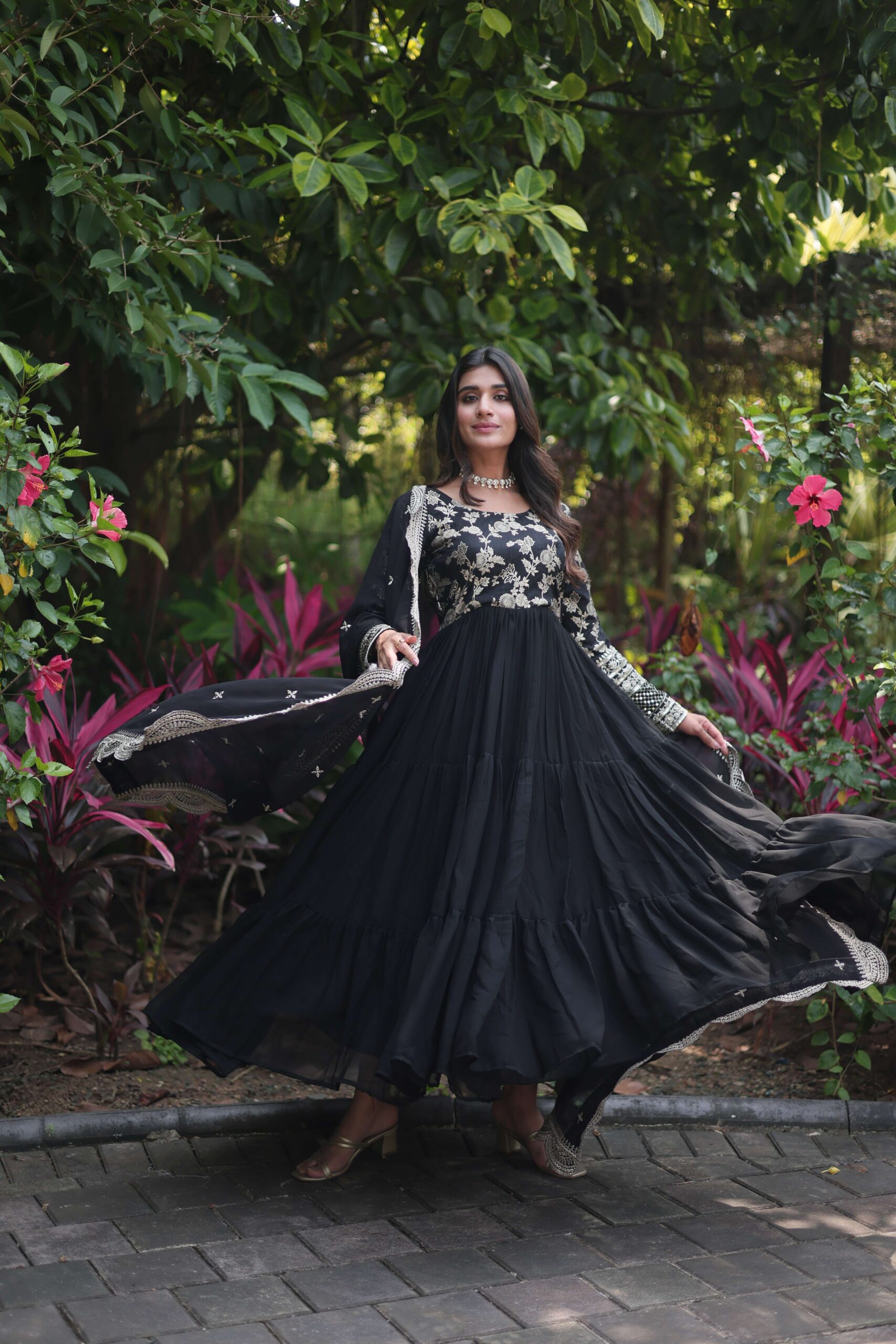 Black Faux Blooming Designer Gown with Sequined Dupatta ? Fully Flared Ready-to-Wear Set - Image 3