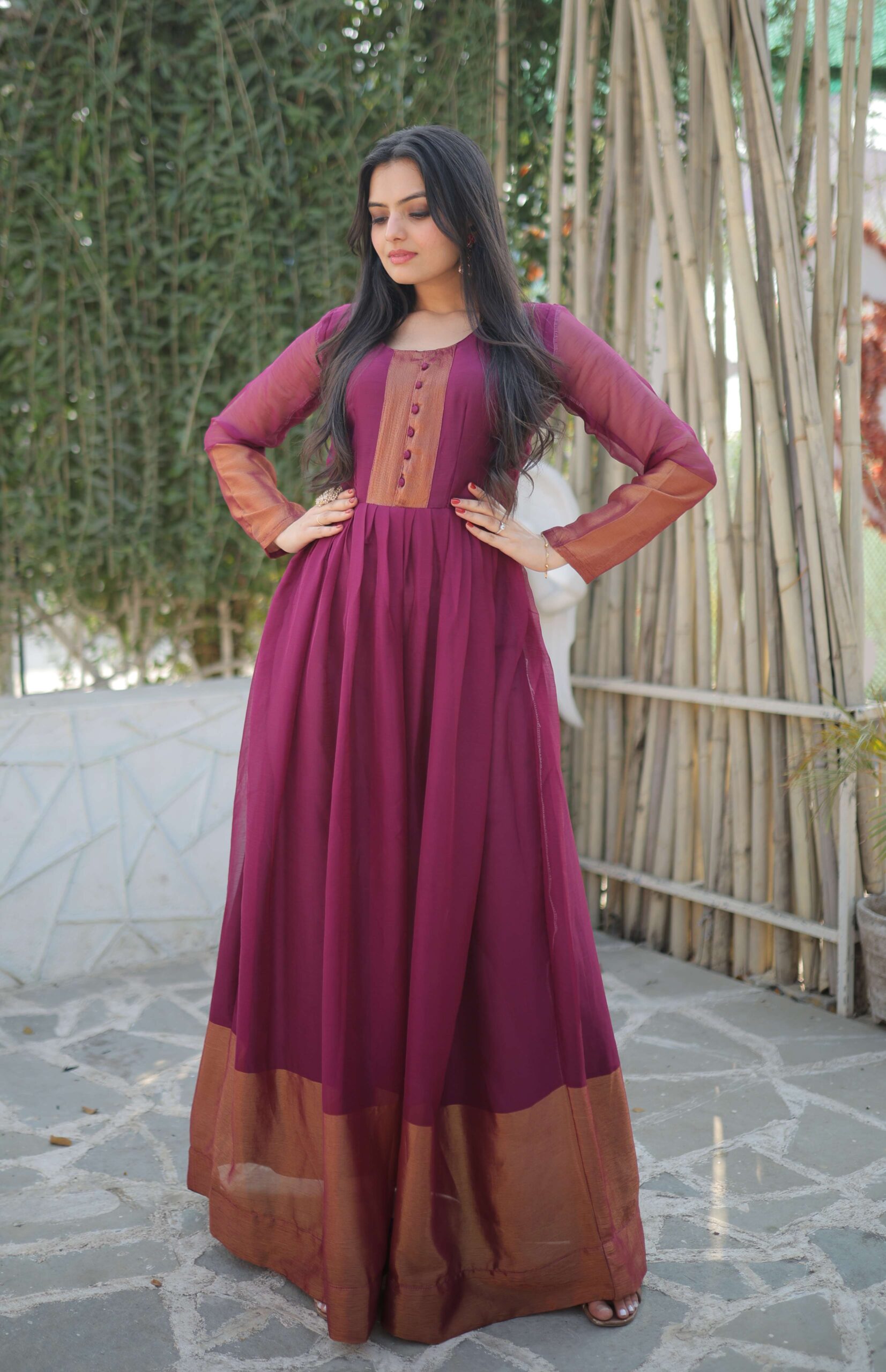 Wine Elegant Chiffon Designer Gown with Golden Zari Patta ? Premium Ready-to-Wear Dress - Image 2