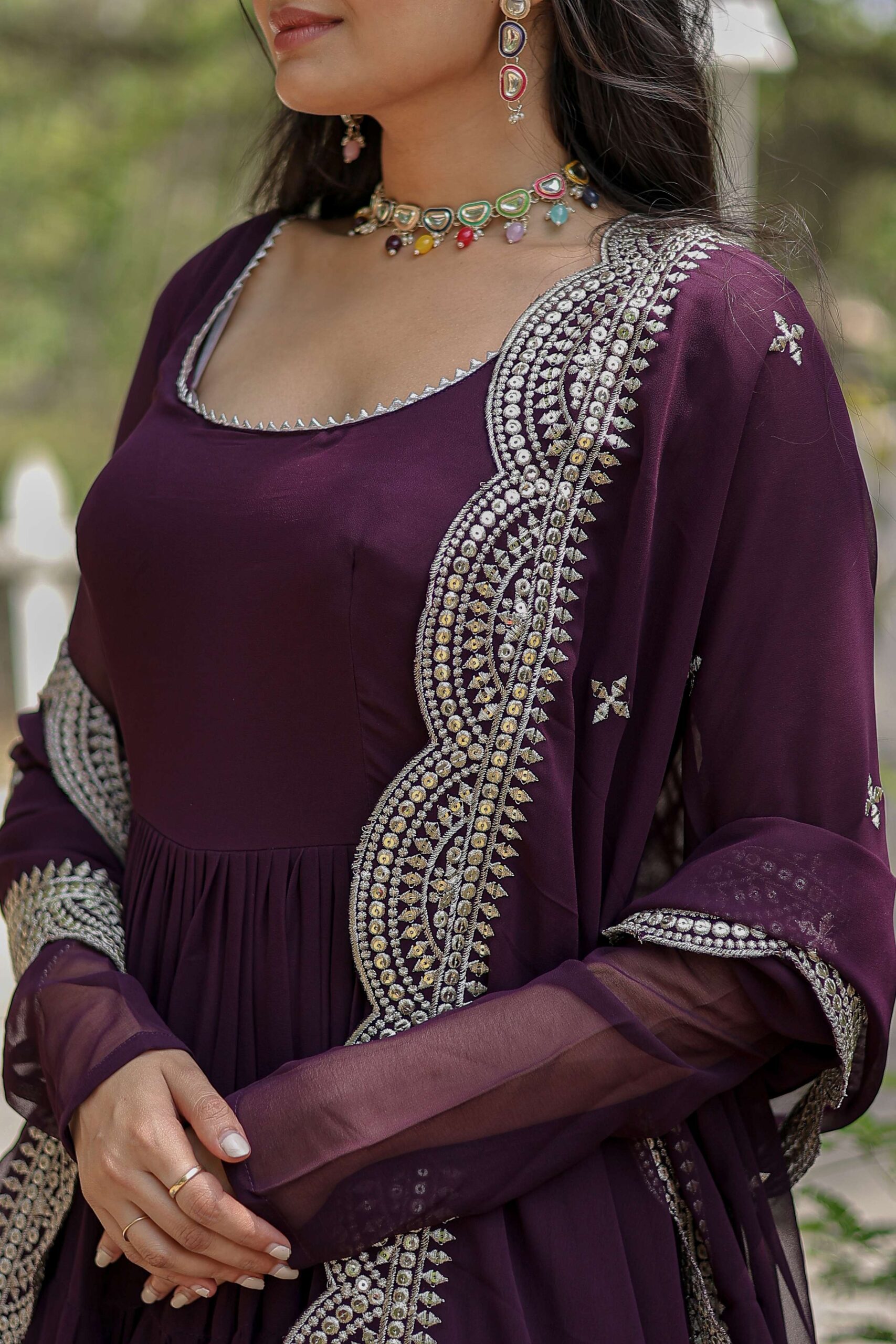 Wine Premium Faux Georgette Designer Gown with Sequined Dupatta ? Fully Flaired Ready-to-Wear Set - Image 4
