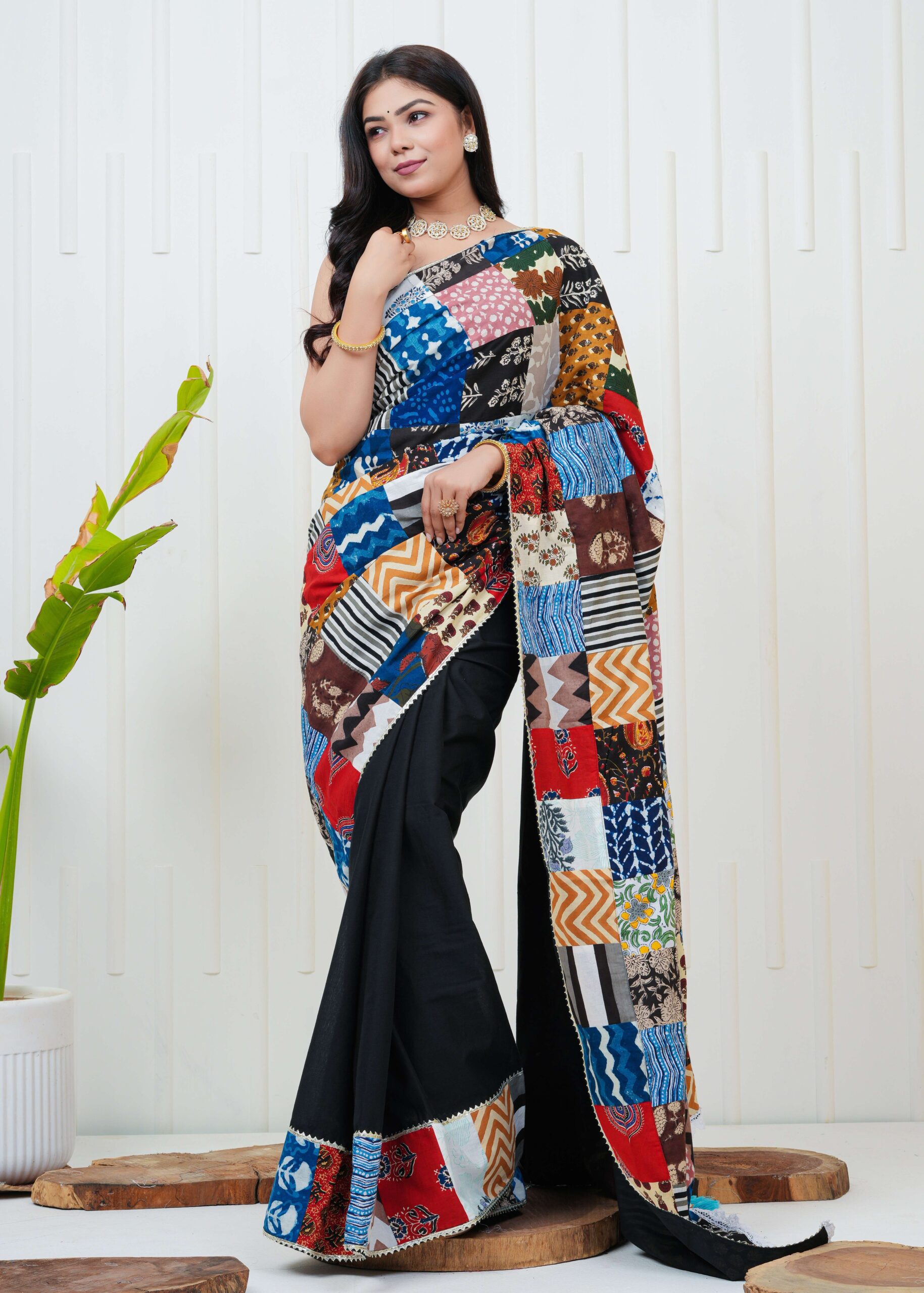 Women's Multicolor Patchwork Printed Saree with Black Base Blouse Piece Trendy Ethnic Wear