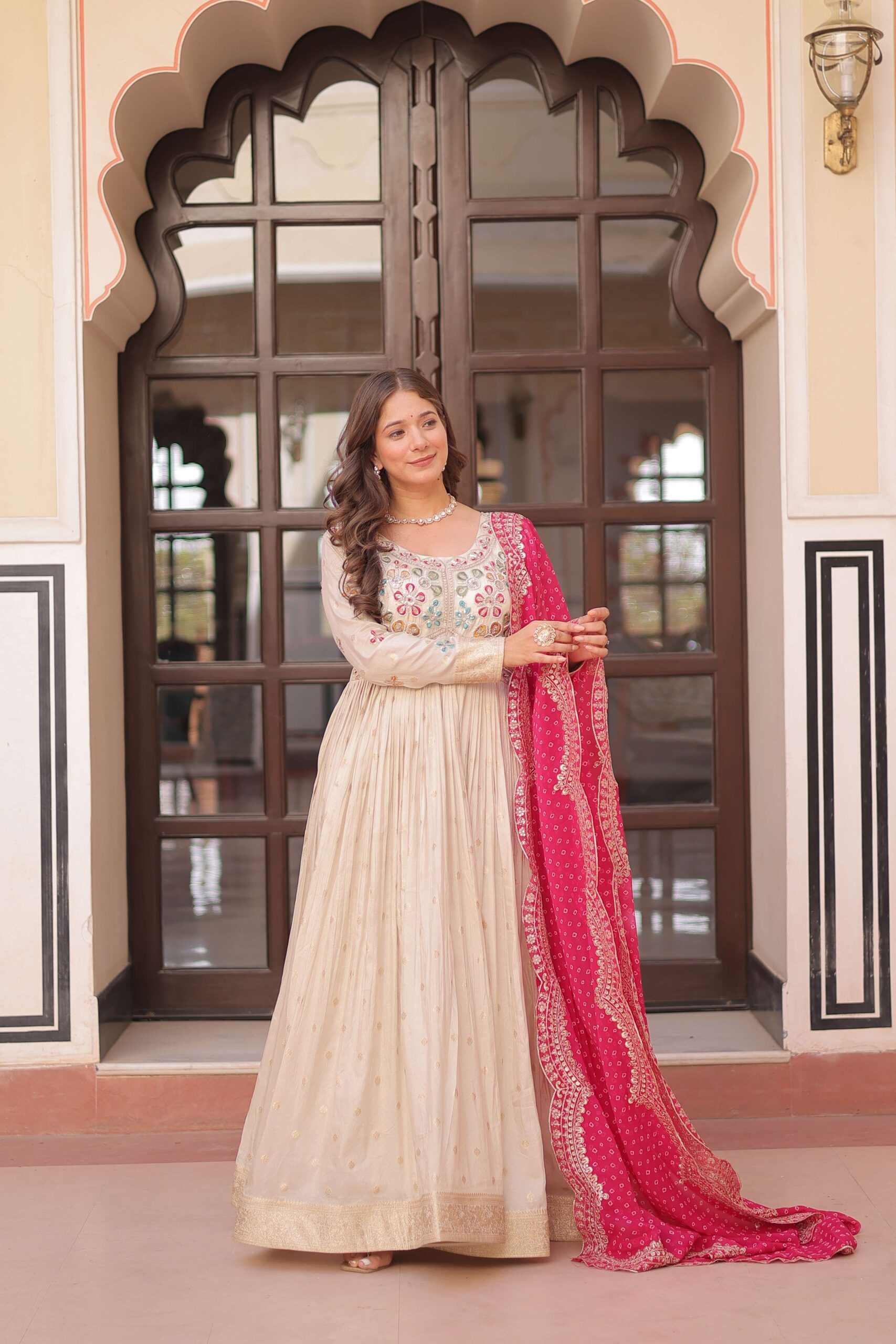 Pink Premium Cosmos Jequard Gown with Bandhani Printed Embroidered Dupatta ? Collection - Image 3