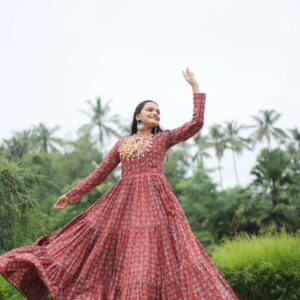 Maroon Designer Printed Cotton Gown with Kutchi Gamthi Lace & Kodi Work ? Maroon