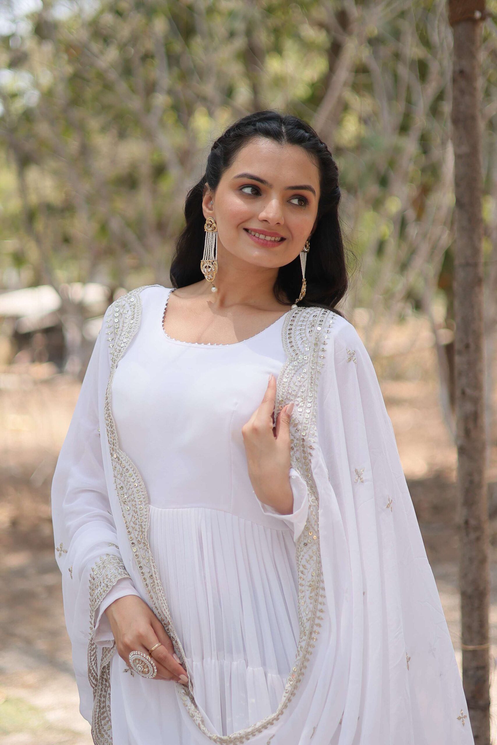 White Premium Faux Georgette Designer Gown with Sequined Dupatta ? Fully Flaired Ready-to-Wear Set