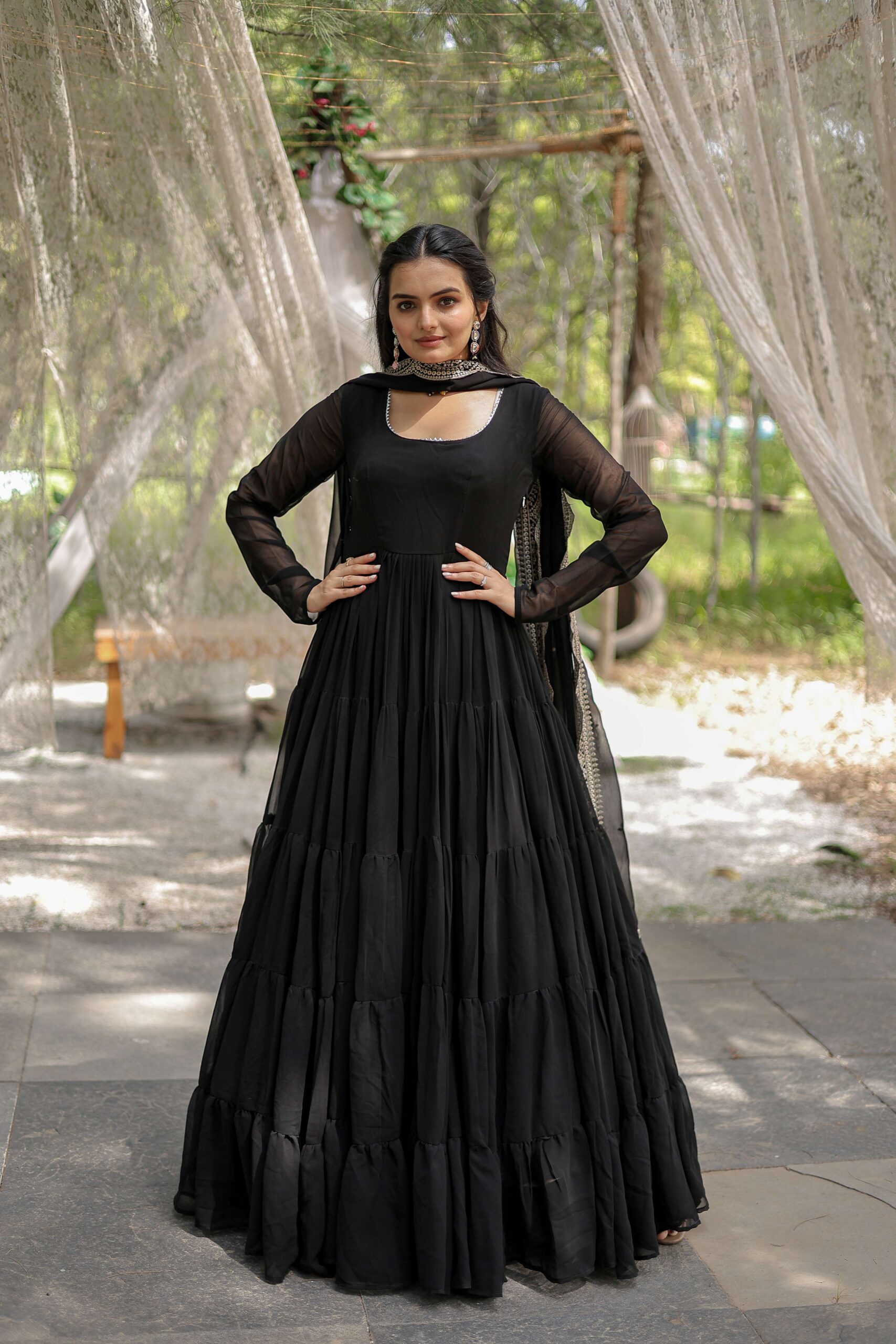 Black Premium Faux Georgette Designer Gown with Sequined Dupatta ? Fully Flaired Ready-to-Wear Set - Image 2