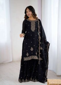 Women’s Pure Romansilk Chanderi Embroidered Kurti With Sharara & Dupatta Set