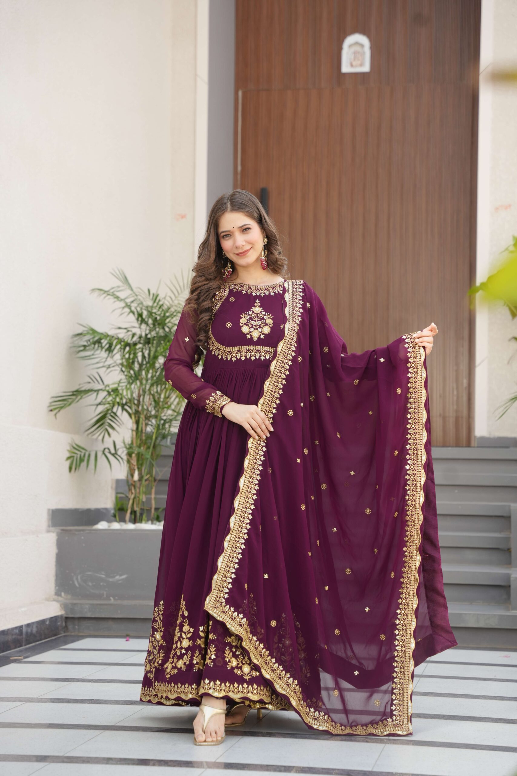 Wine Premium Designer Gown with Dupatta ? Zari & Sequins Embroidery - Image 4