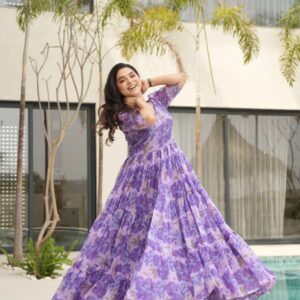 Purple Premium Faux Georgette Printed Gown ? Fully Flared & Elegant