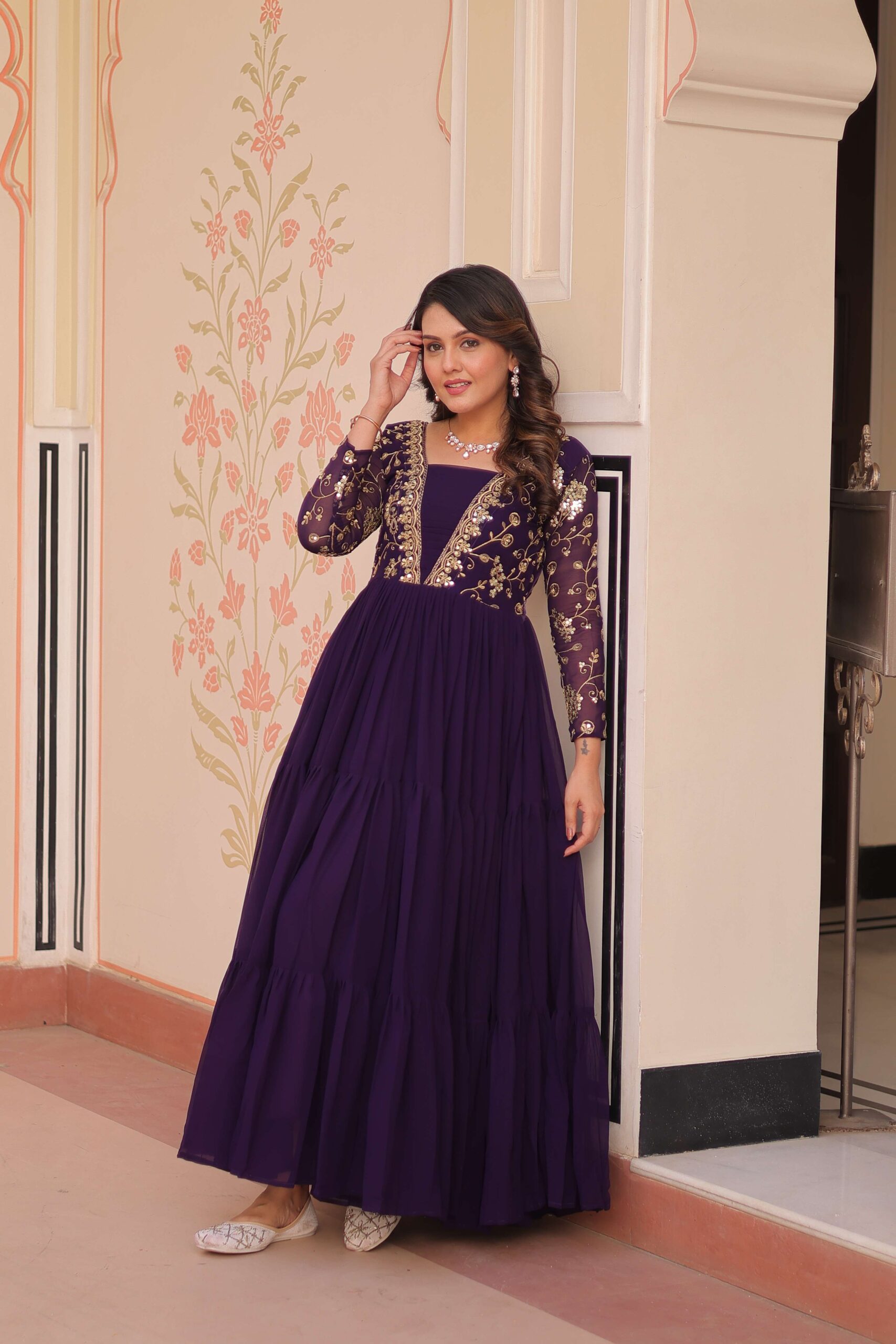 Purple Premium Faux Blooming Sequins & Zari Embroidered Gown ? Partywear - Image 3