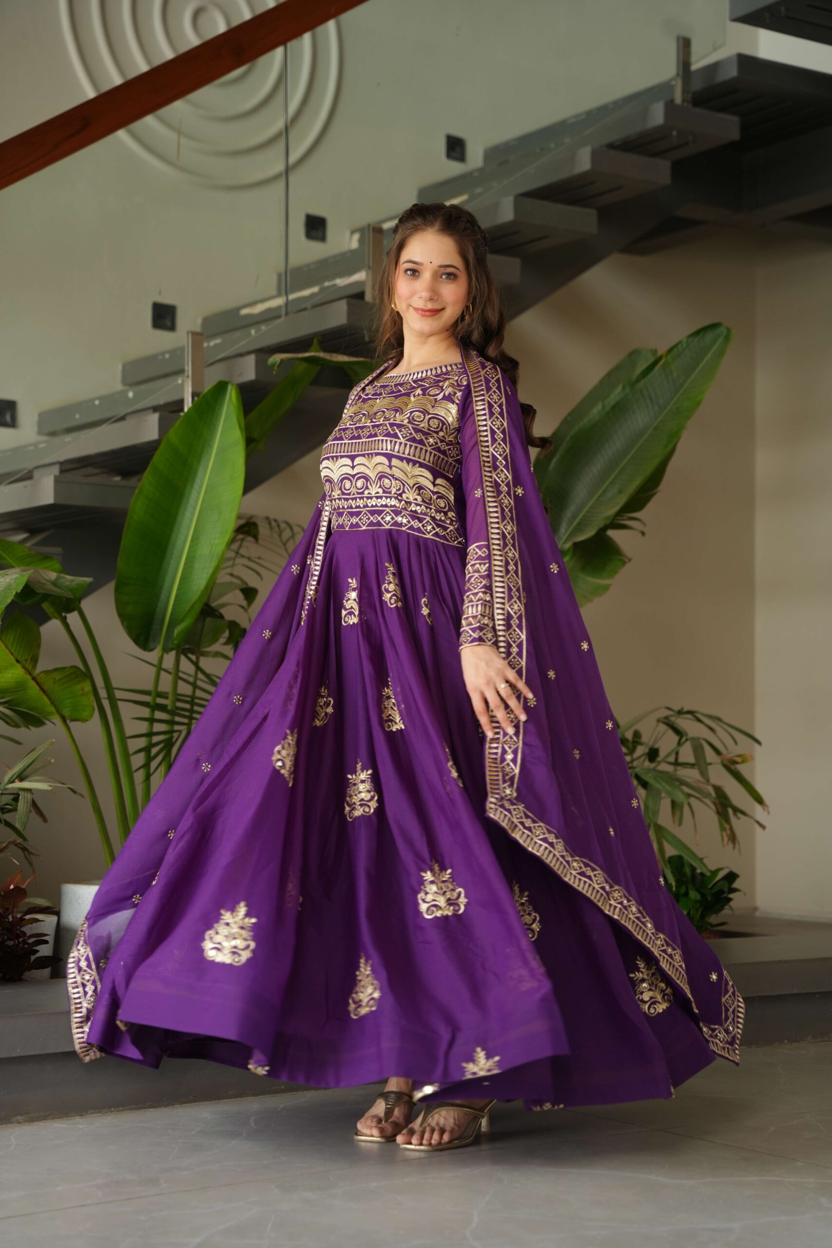 Purple Premium Chinnon Gown with Dupatta ? Sequins & Embroidery Work - Image 2