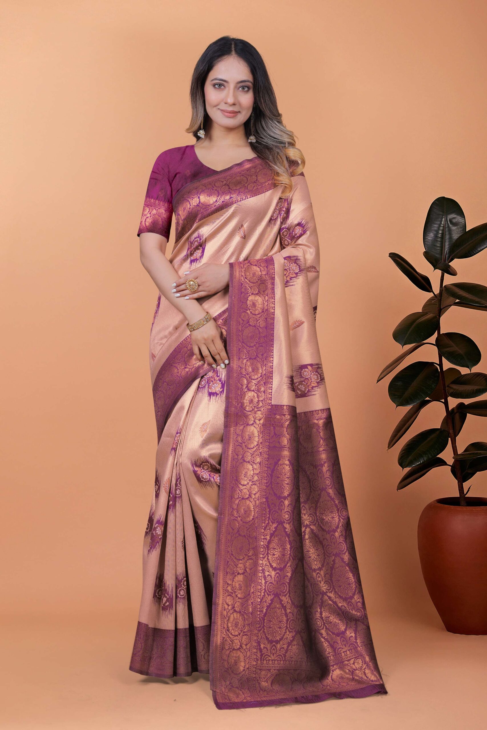 Beige & Plum Banarasi Silk Saree with Zari Weaving | Elegant Traditional Saree for Weddings, Festivals & Ethnic Occasions