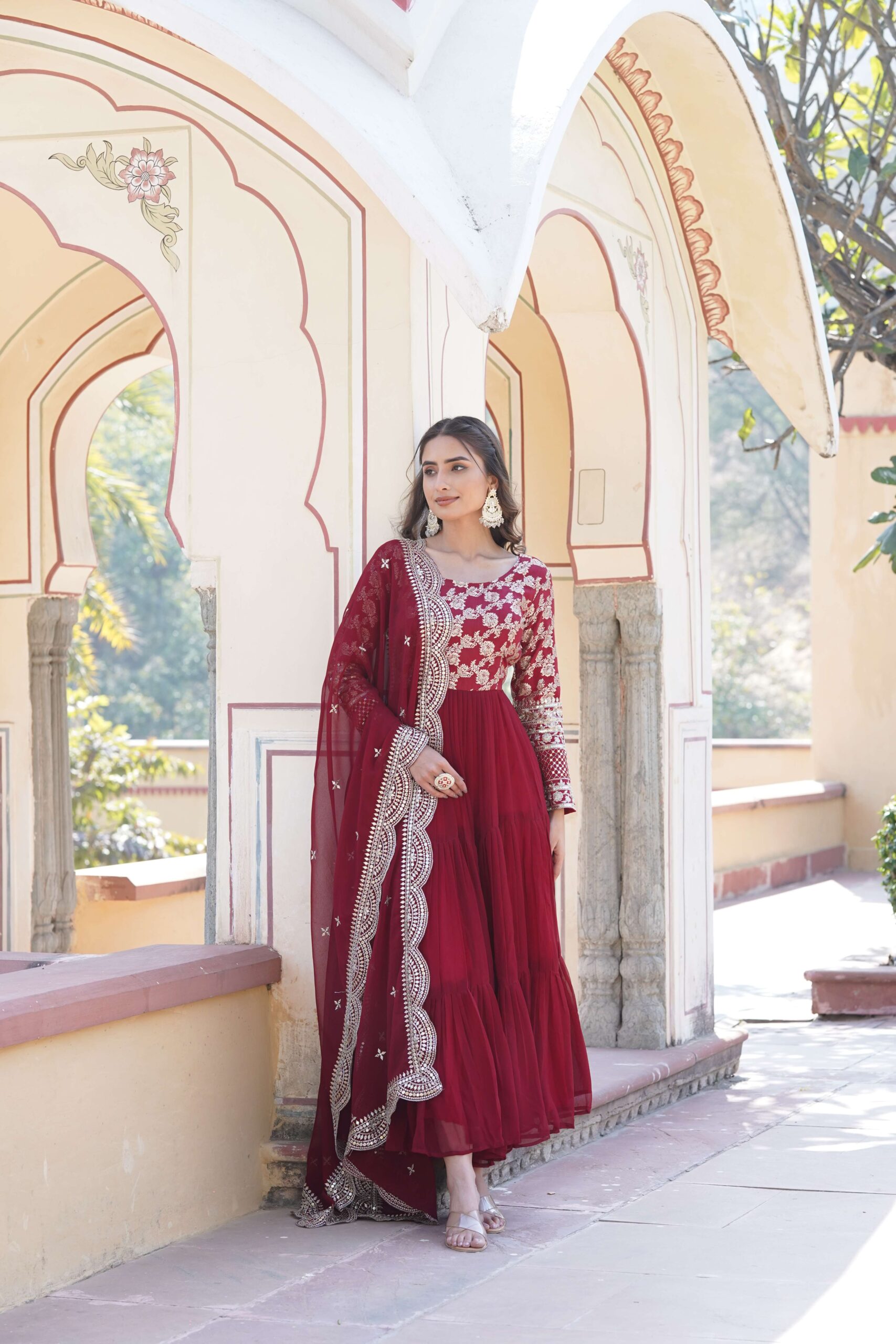 Maroon Faux Blooming Designer Gown with Sequined Dupatta ? Fully Flared Elegant Ready-to-Wear Set - Image 6
