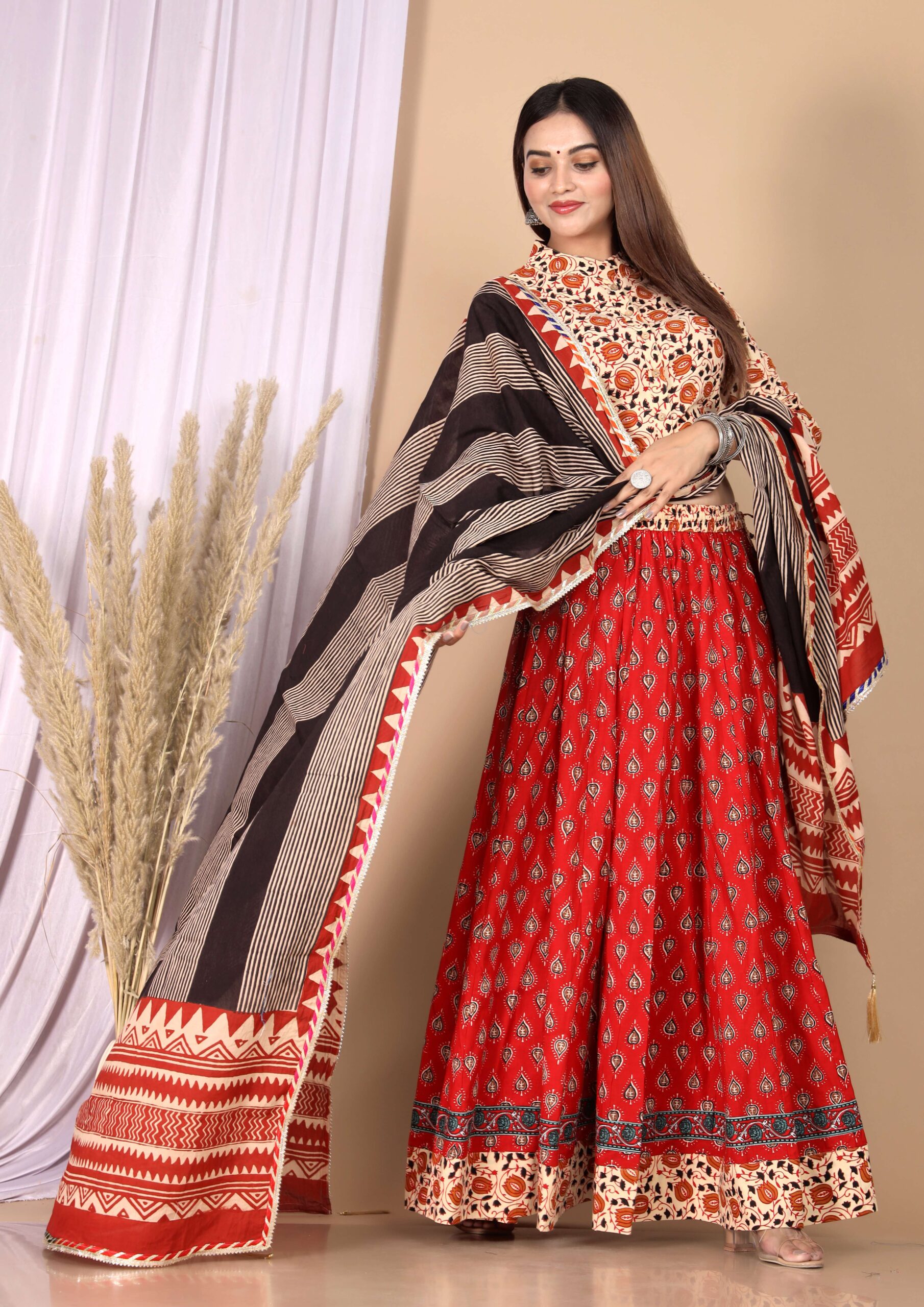 Women’s Red Cotton Printed Lehenga Choli Dupatta Set - Image 2