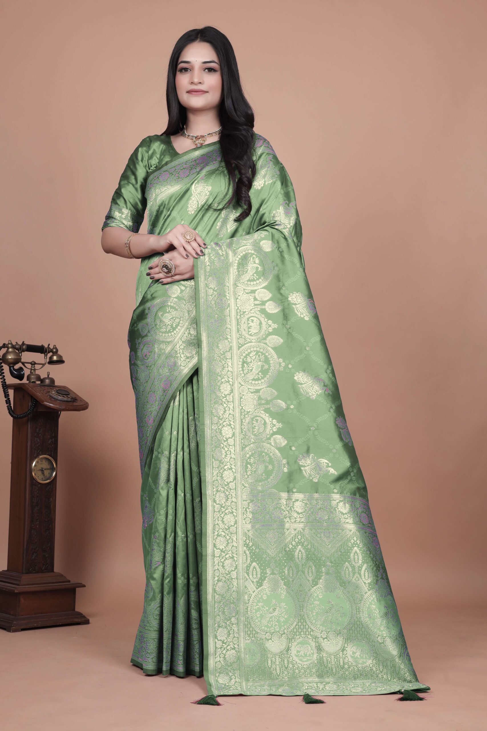 Mint Green Banarasi Silk Saree with Golden Zari | Floral & Ornate Pallu | Wedding, Festive & Traditional Wear - Image 2