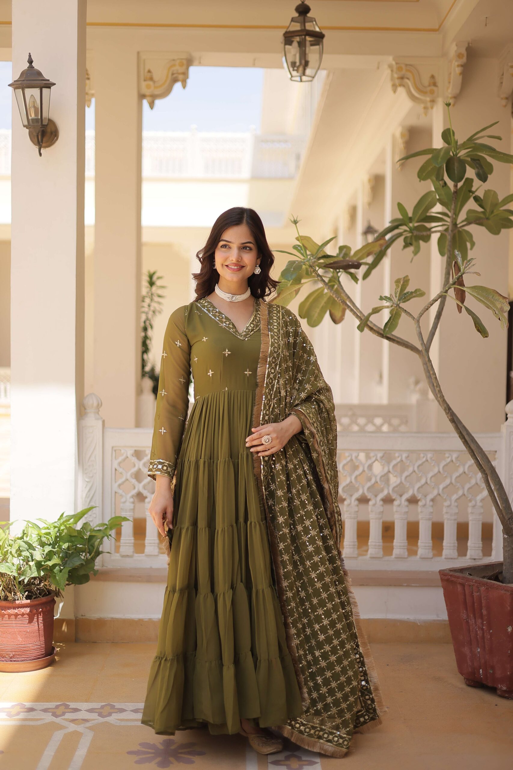 Mehandi Designer Faux Georgette Gown with Sequined Dupatta ? Elegant Festive & Party Wear Set - Image 6