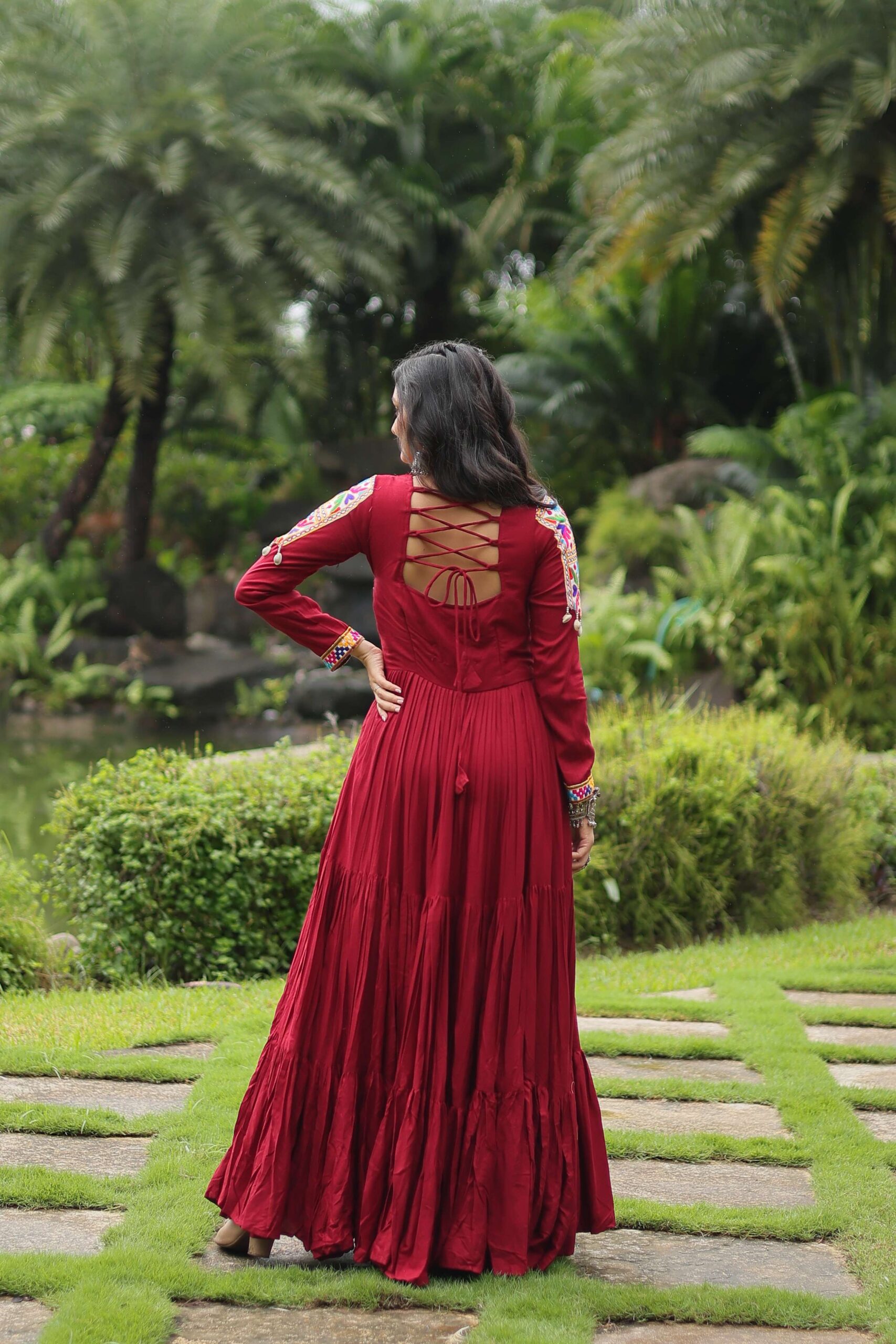 Maroon Reyon Partywear Gown with Kutchi Gamthi Work - Image 3