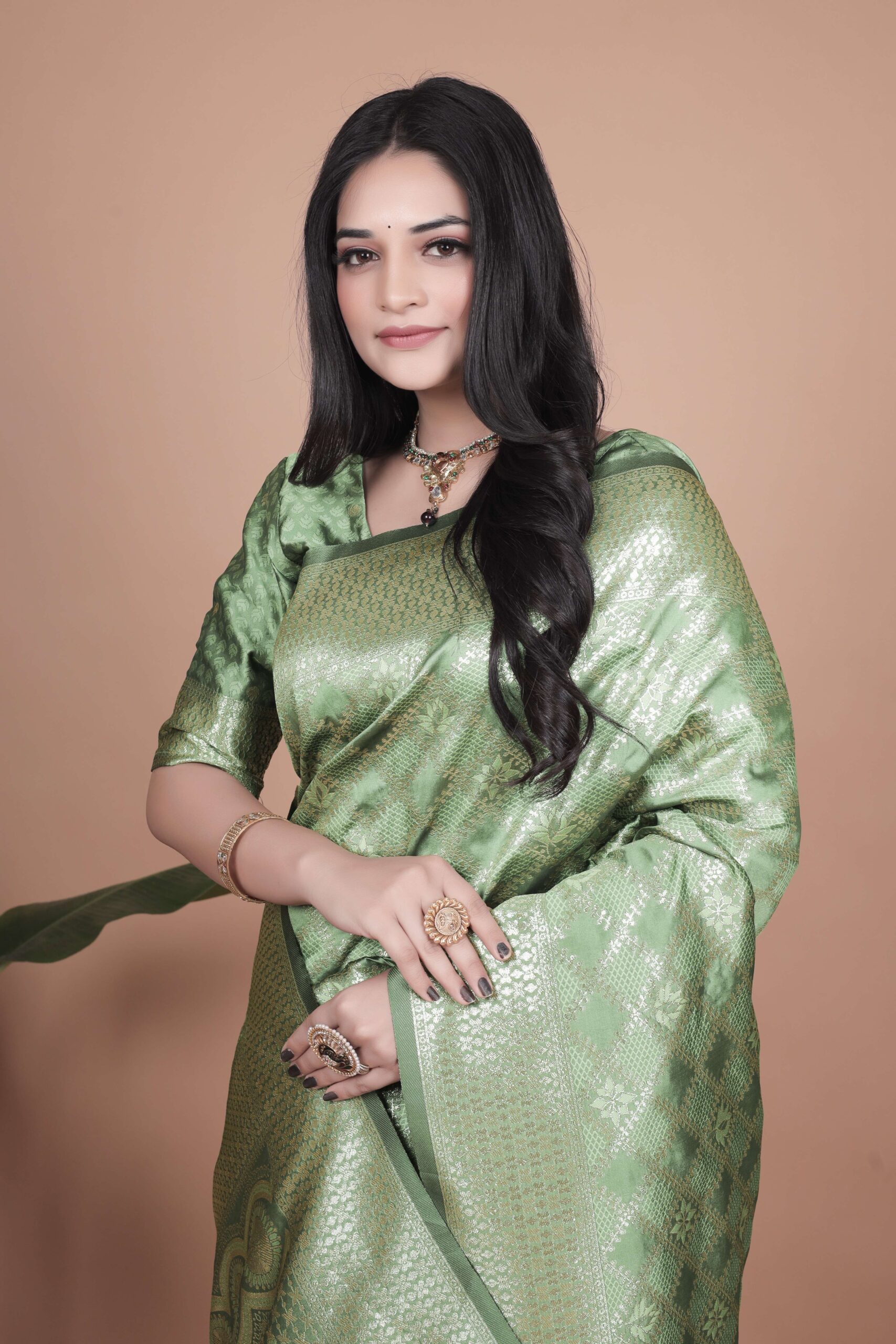 Light Green Banarasi Silk Saree with Golden Zari | Wedding, Festive & Traditional Wear | Elegant Designer Saree - Image 3