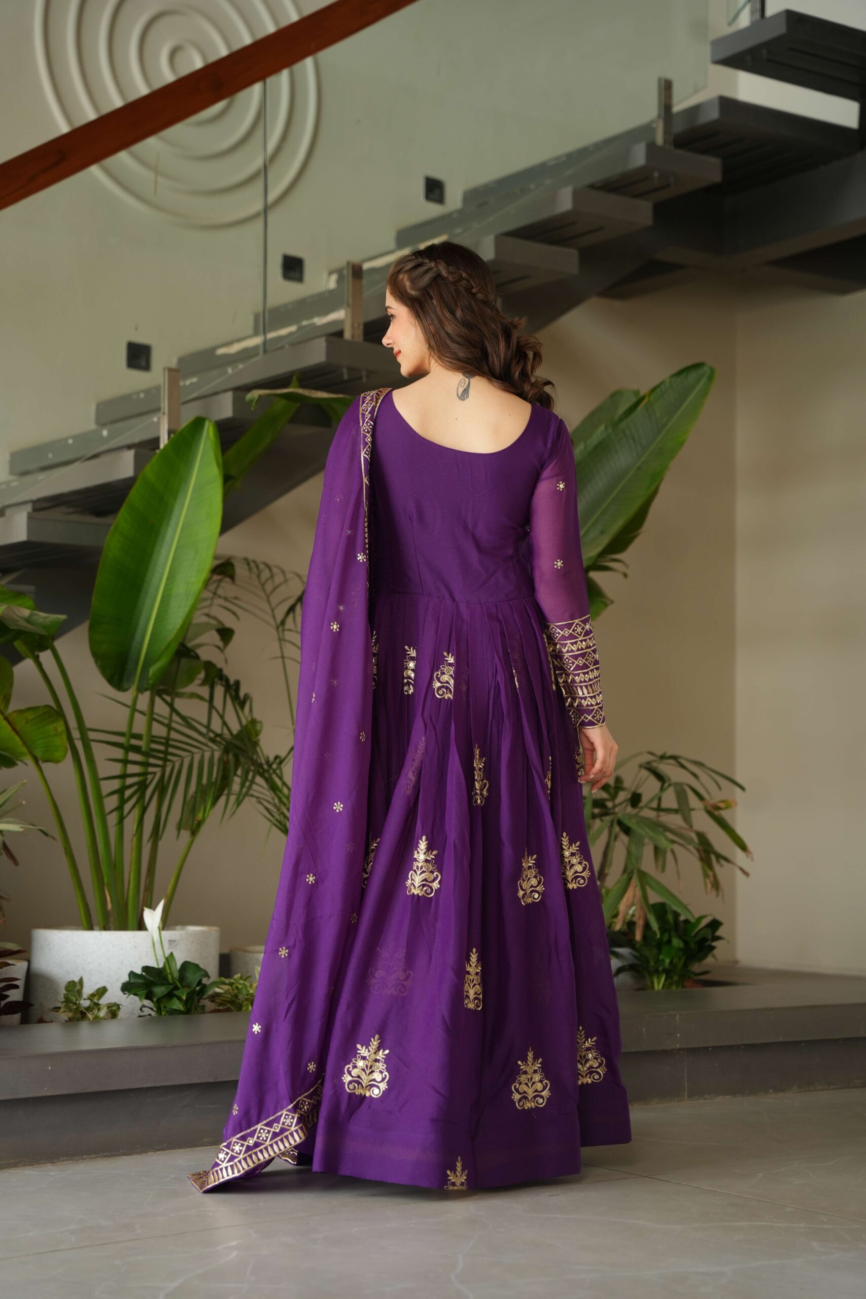 Purple Premium Chinnon Gown with Dupatta ? Sequins & Embroidery Work - Image 4