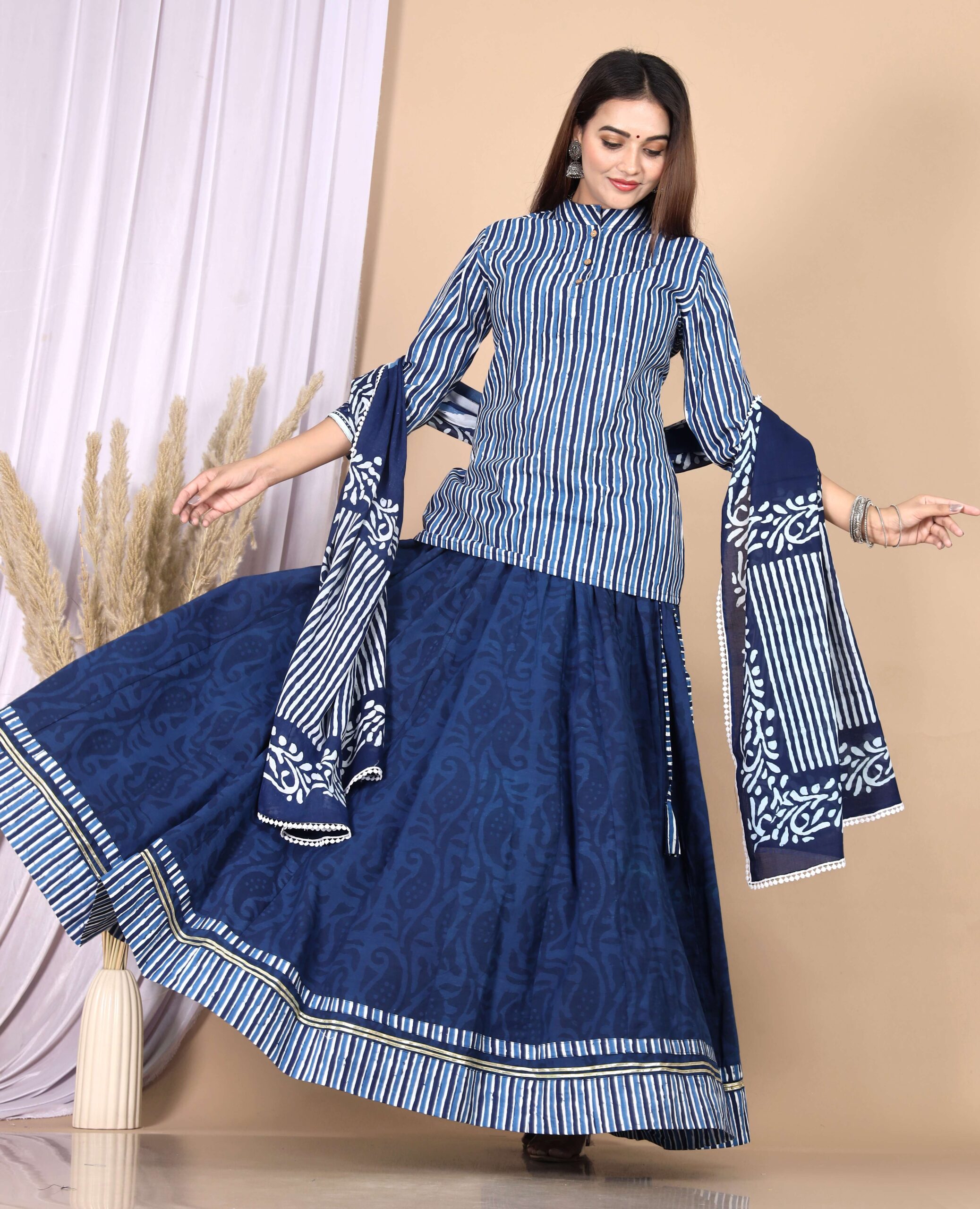 Women’s Blue Cotton Printed Lehenga Choli Dupatta Set - Image 4