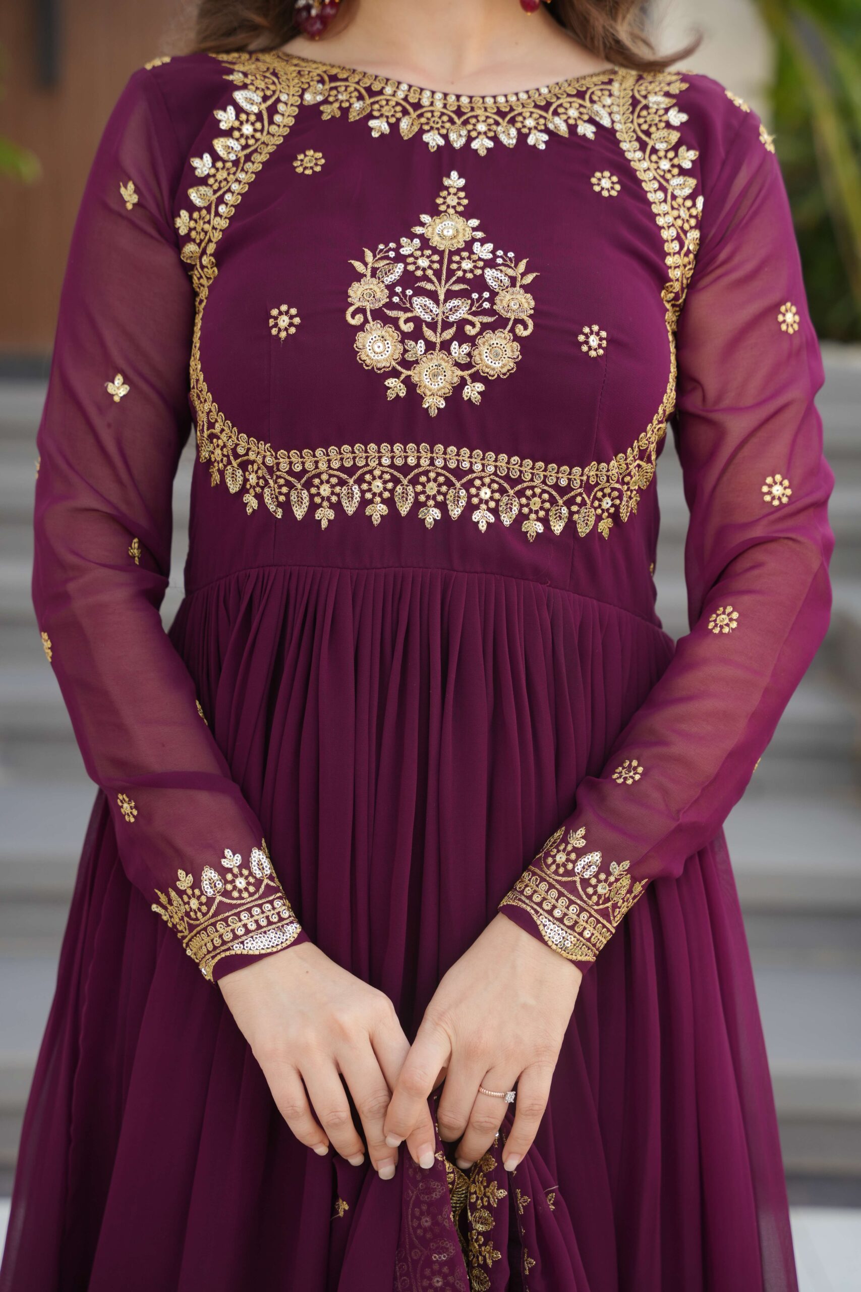 Wine Premium Designer Gown with Dupatta ? Zari & Sequins Embroidery - Image 3