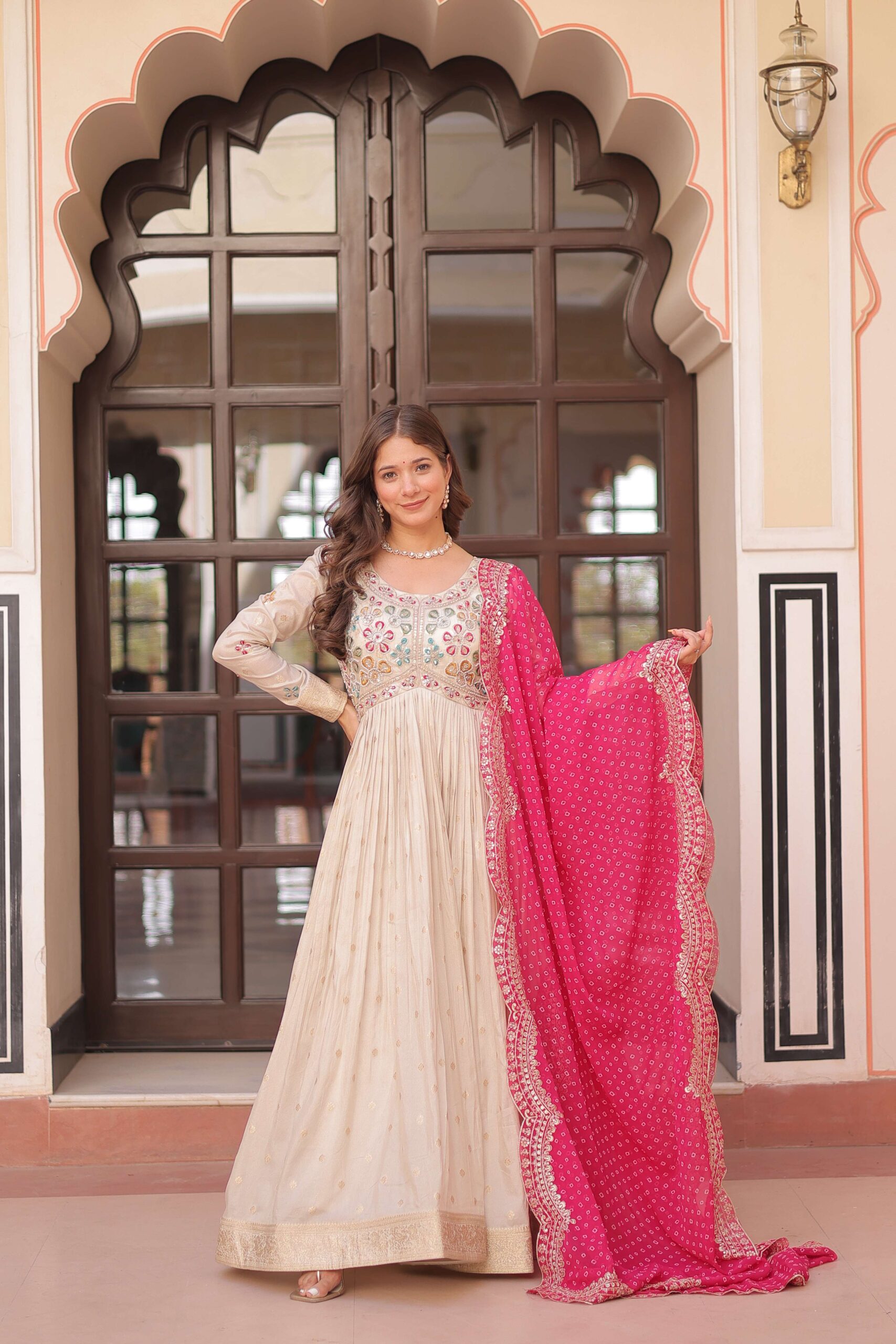 Pink Premium Cosmos Jequard Gown with Bandhani Printed Embroidered Dupatta ? Collection - Image 2