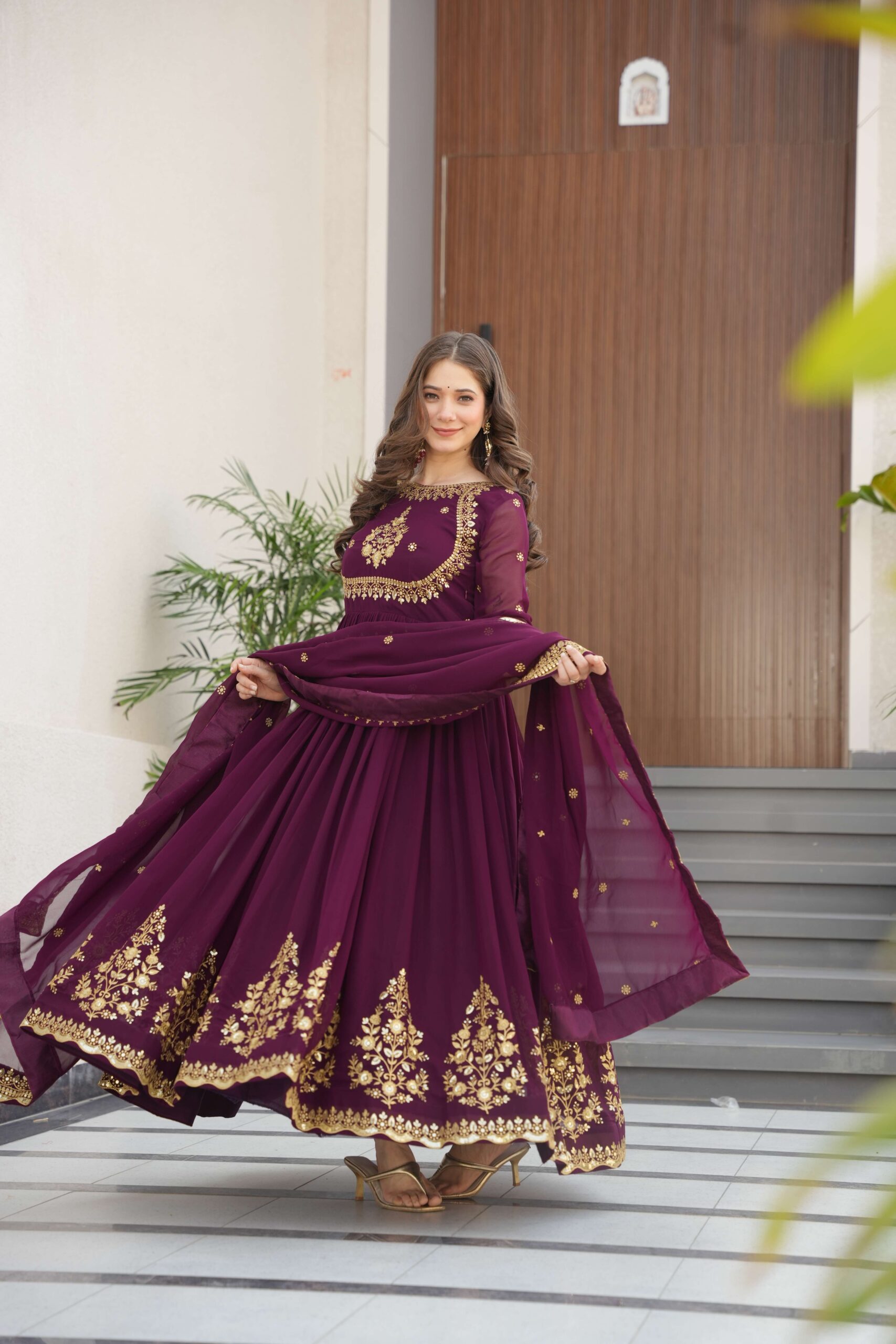 Wine Premium Designer Gown with Dupatta ? Zari & Sequins Embroidery - Image 7