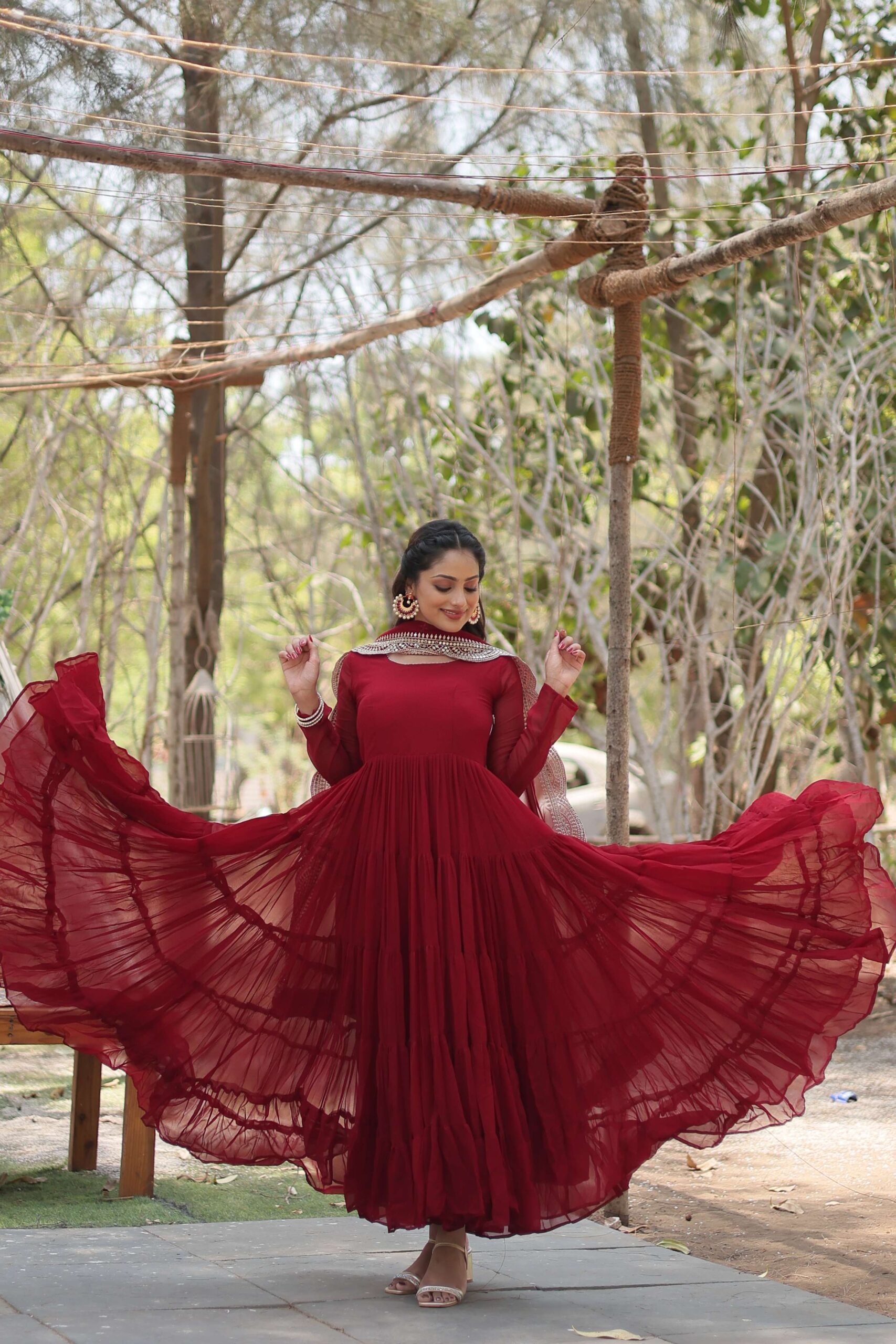 Maroon Premium Faux Georgette Designer Gown with Sequined Dupatta ? Fully Flaired Ready-to-Wear Set
