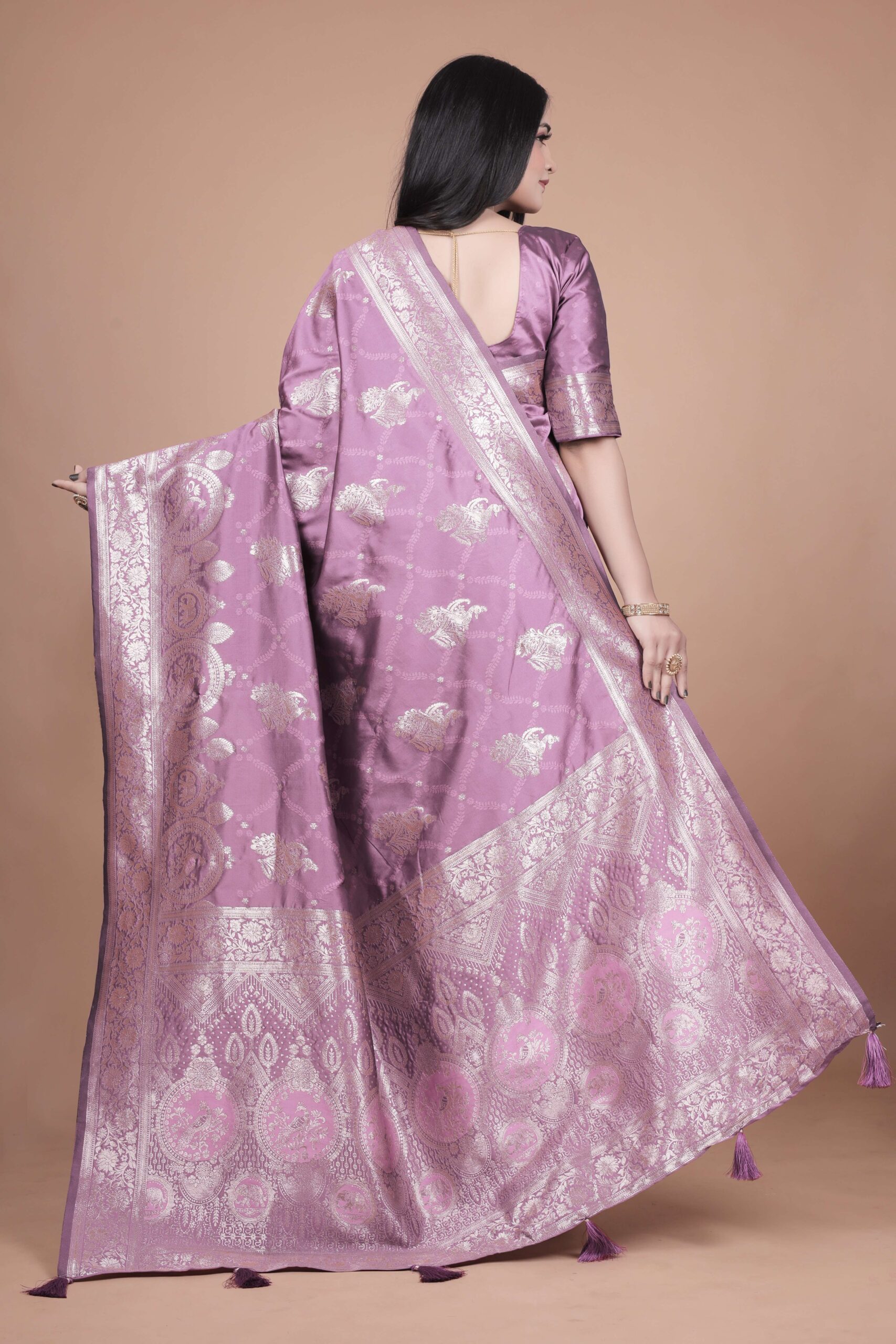 Lavender Banarasi Silk Saree with Silver Zari | Floral & Paisley Motifs | Wedding, Festive & Traditional Wear - Image 6