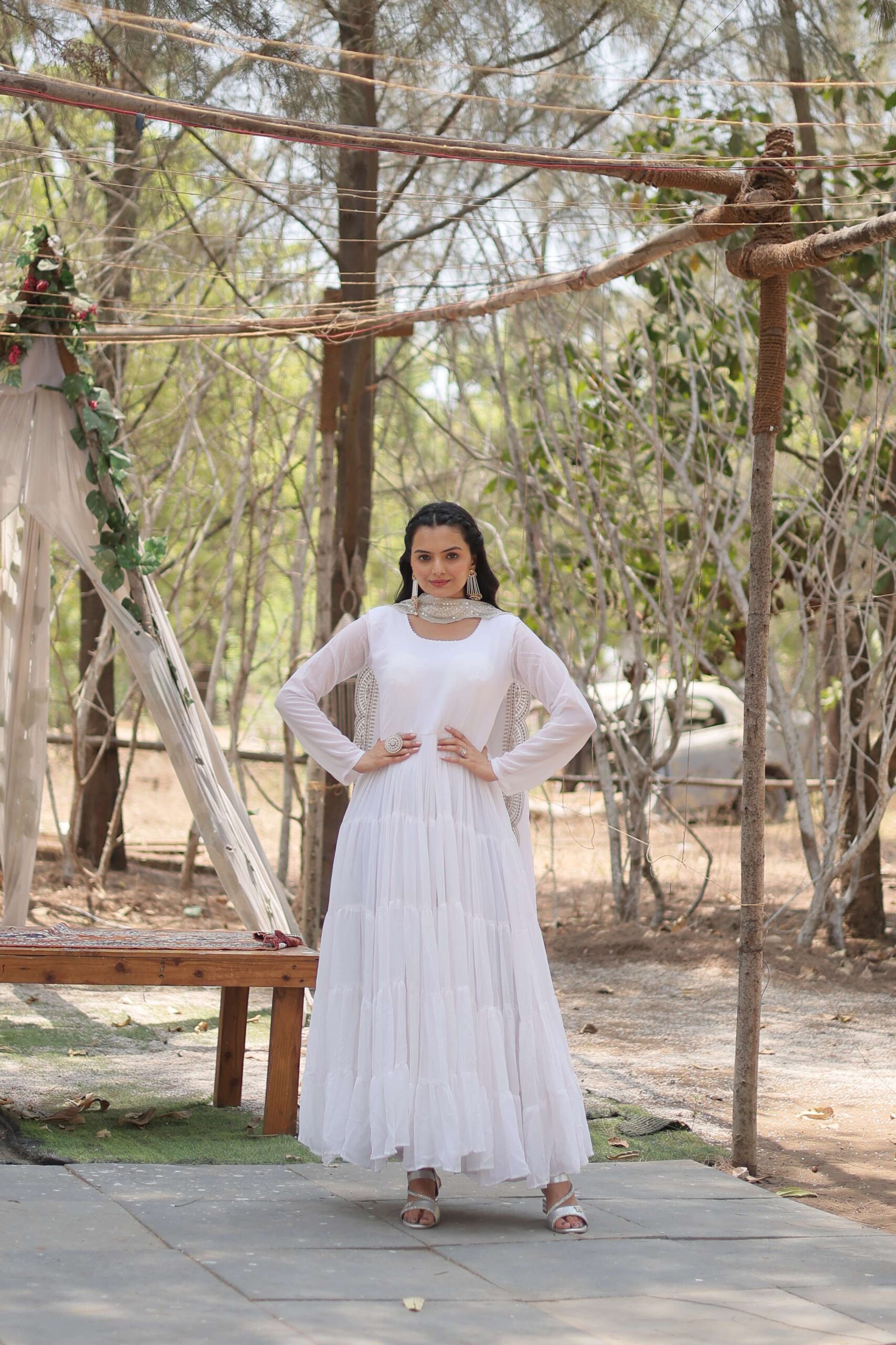 White Premium Faux Georgette Designer Gown with Sequined Dupatta ? Fully Flaired Ready-to-Wear Set - Image 5