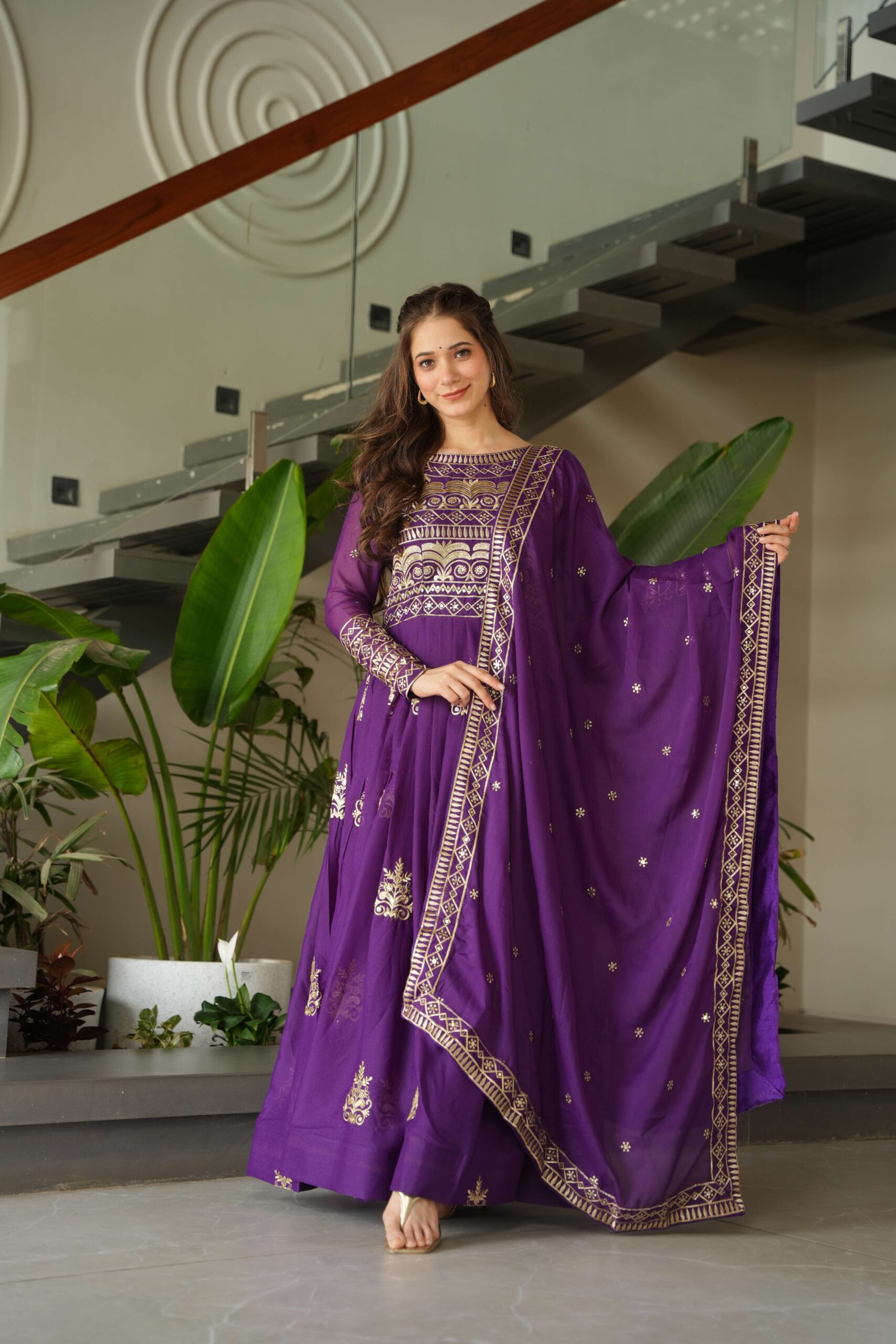 Purple Premium Chinnon Gown with Dupatta ? Sequins & Embroidery Work - Image 5