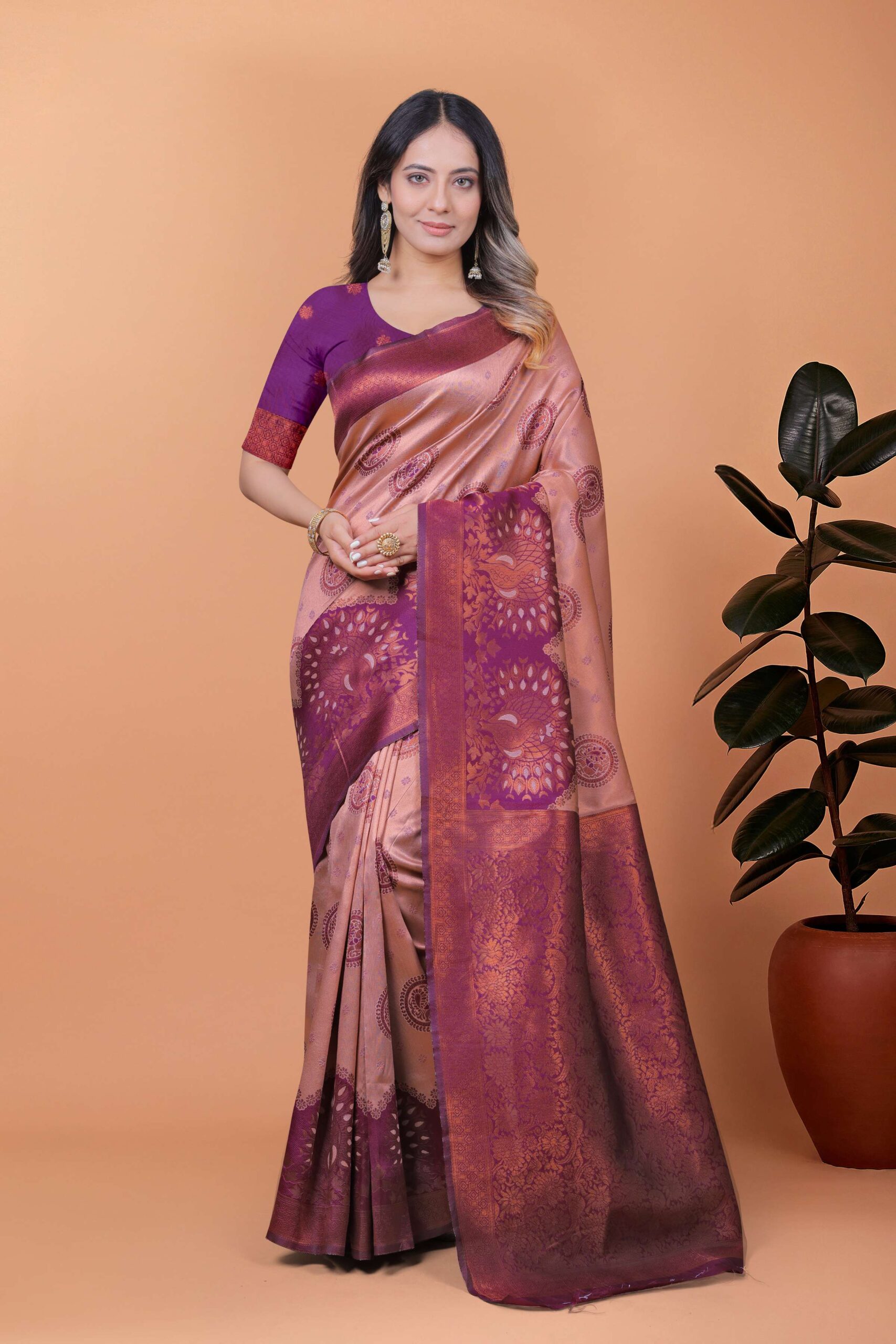 Lavender Gold Banarasi Silk Saree with Plum Purple Borders & Peacock Zari Motifs | Wedding, Festive & Traditional Ethnic Wear