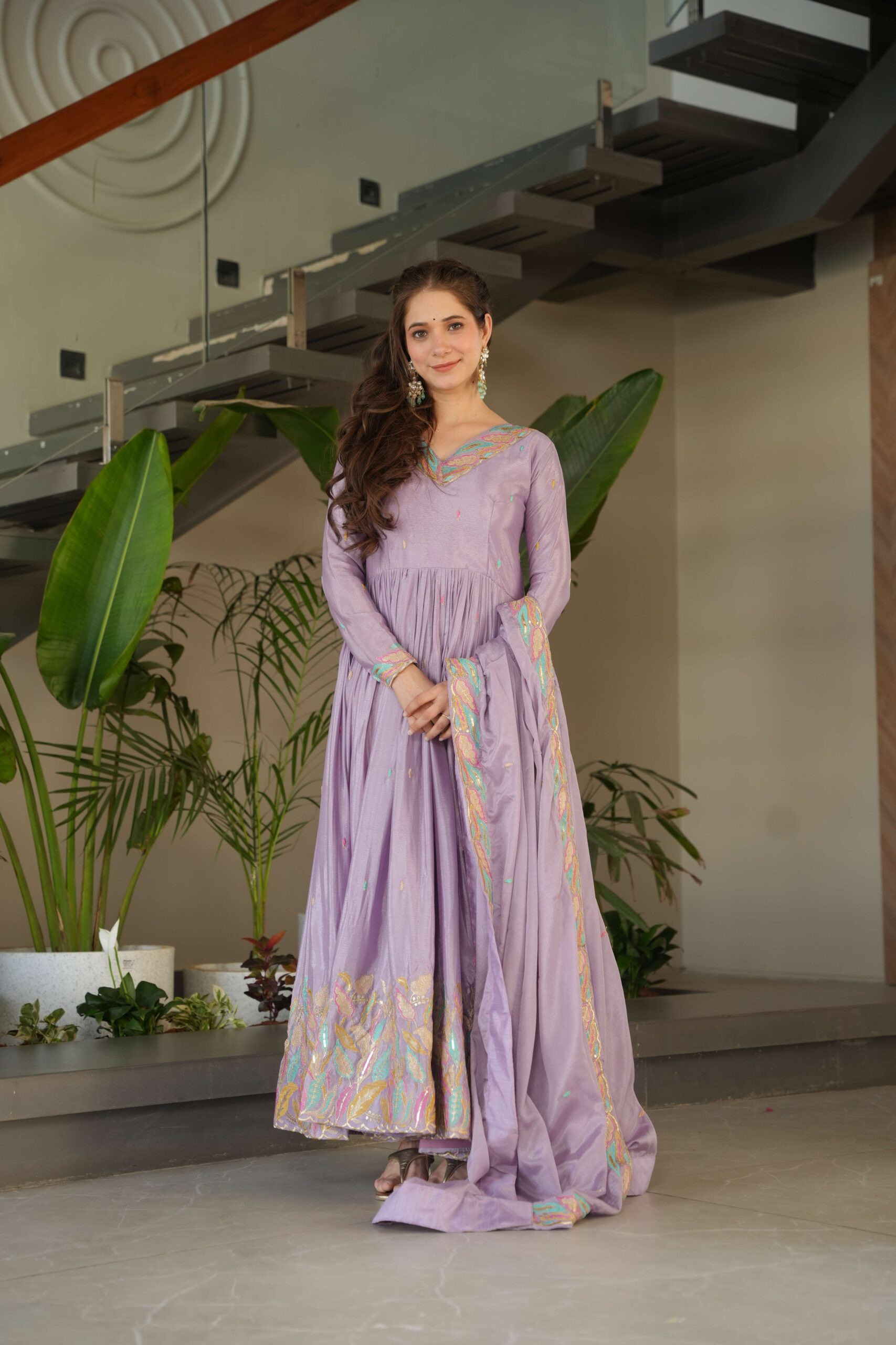 Purple Premium Chinnon Gown with Dupatta ? Sequins & Multi-Thread Embroidered Work - Image 2