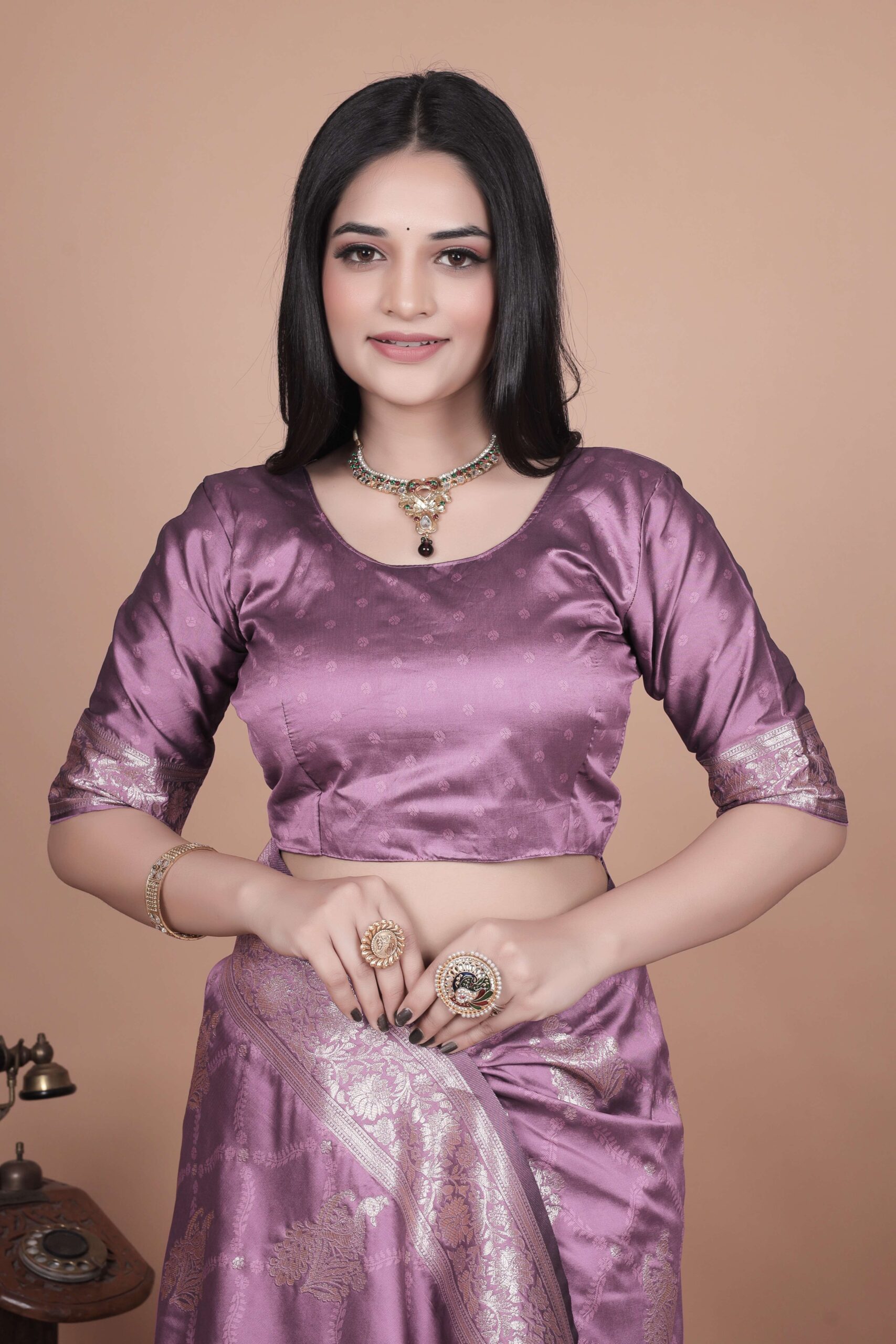 Lavender Banarasi Silk Saree with Silver Zari | Floral & Paisley Motifs | Wedding, Festive & Traditional Wear - Image 5