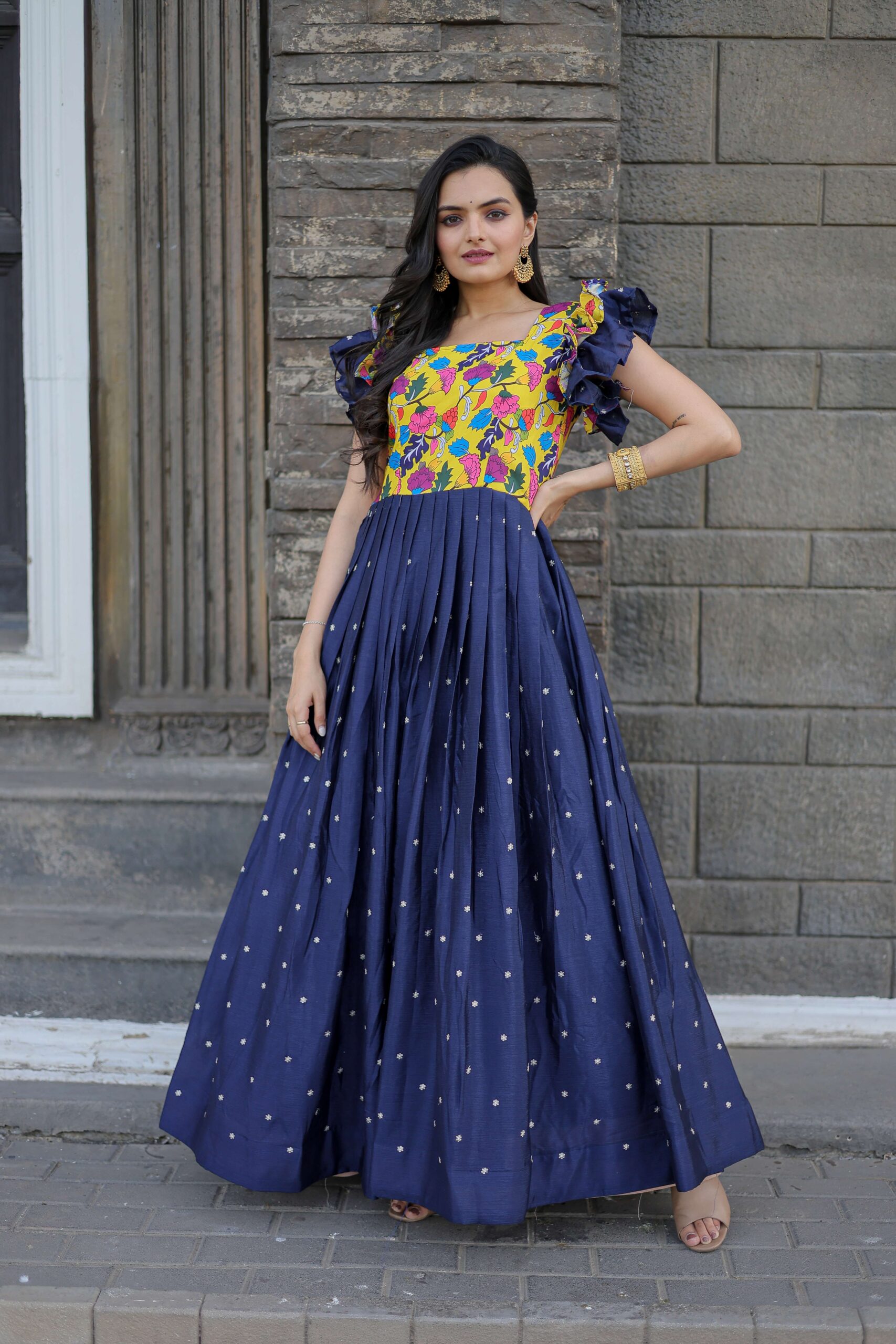 Blue Maslin & Chinon Designer Gown with Embroidery ? Elegant Ready-to-Wear Women?s Dress