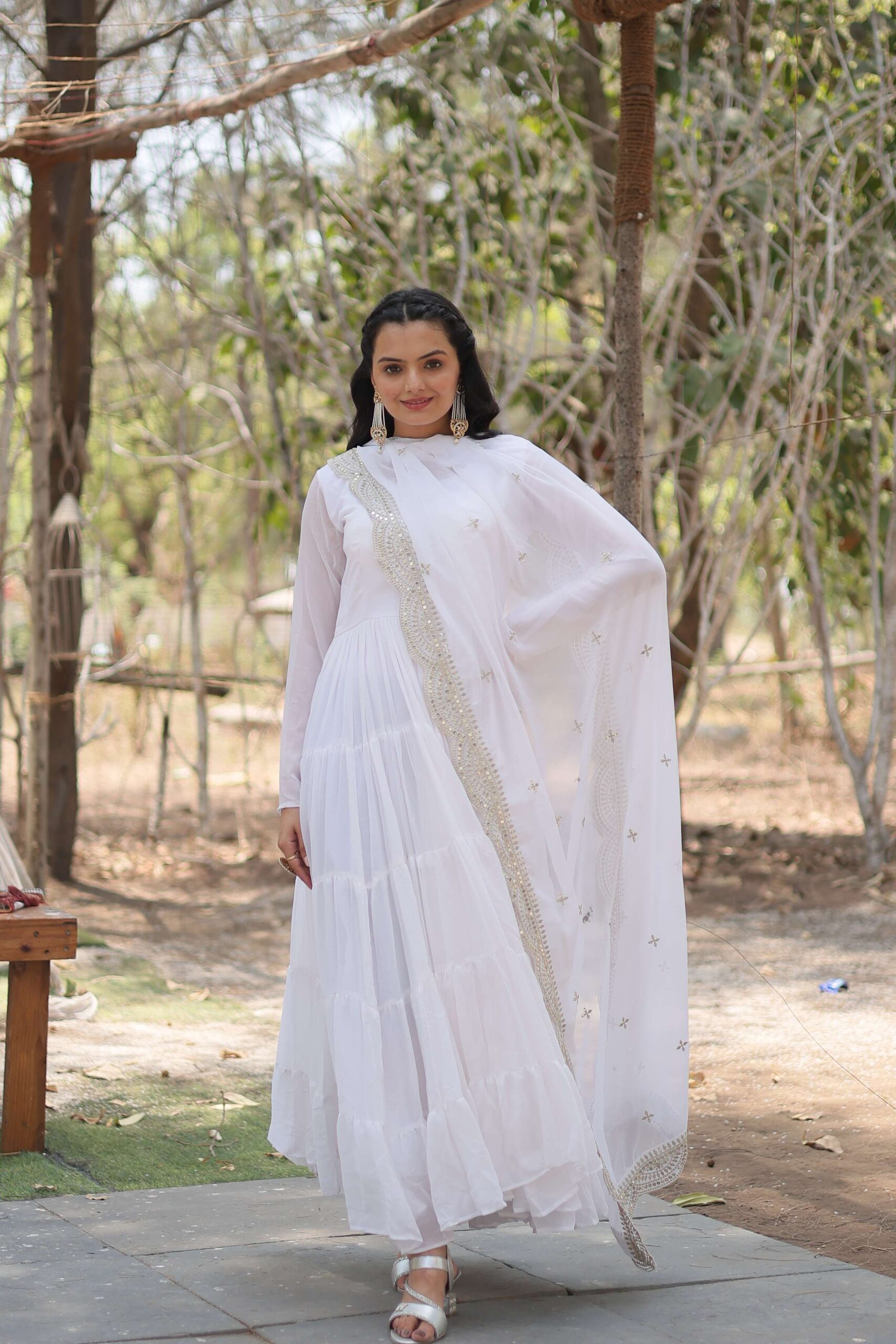 White Premium Faux Georgette Designer Gown with Sequined Dupatta ? Fully Flaired Ready-to-Wear Set - Image 7