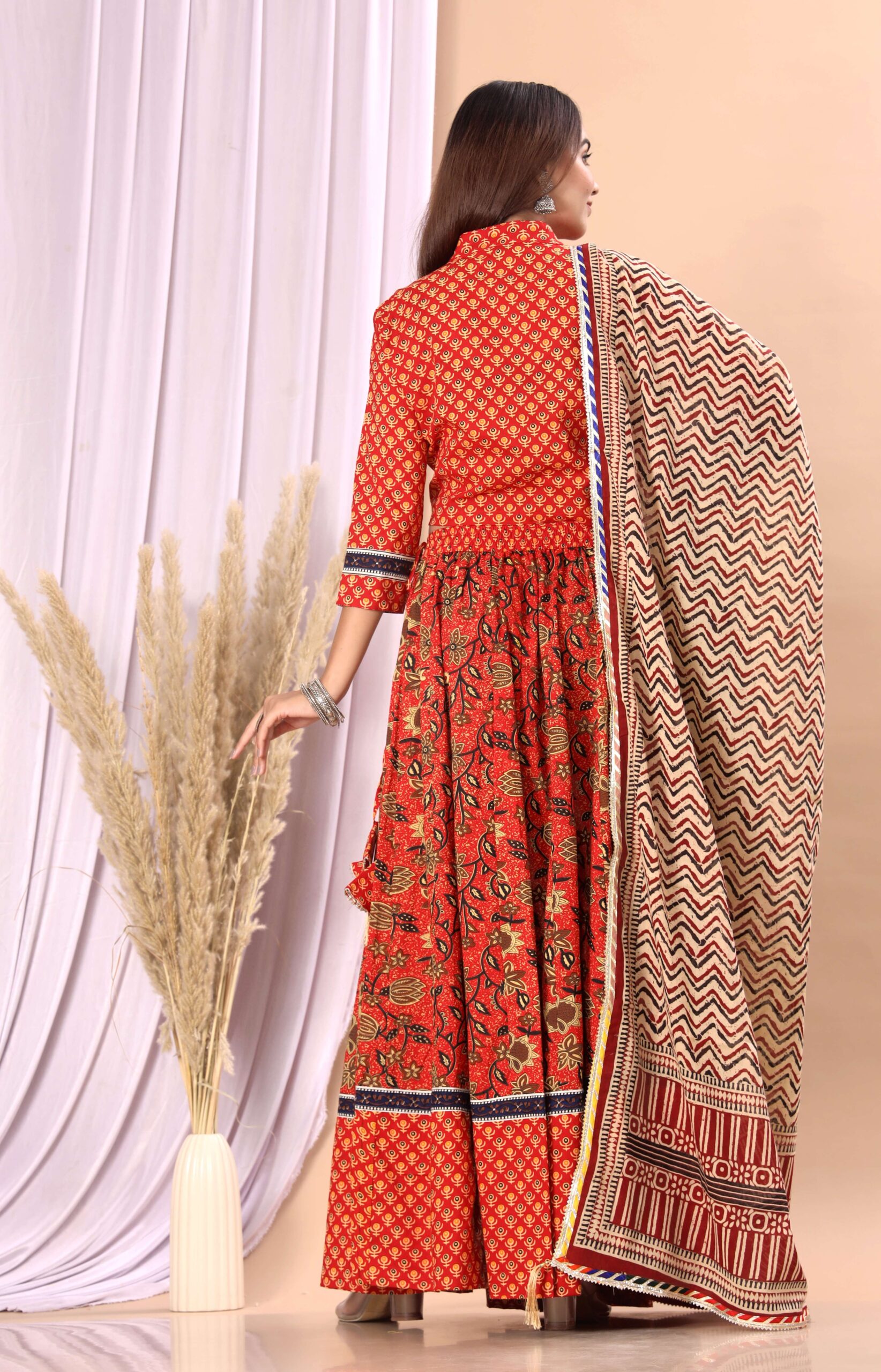 Women’s Red Cotton Printed Lehenga Choli Dupatta Set - Image 2