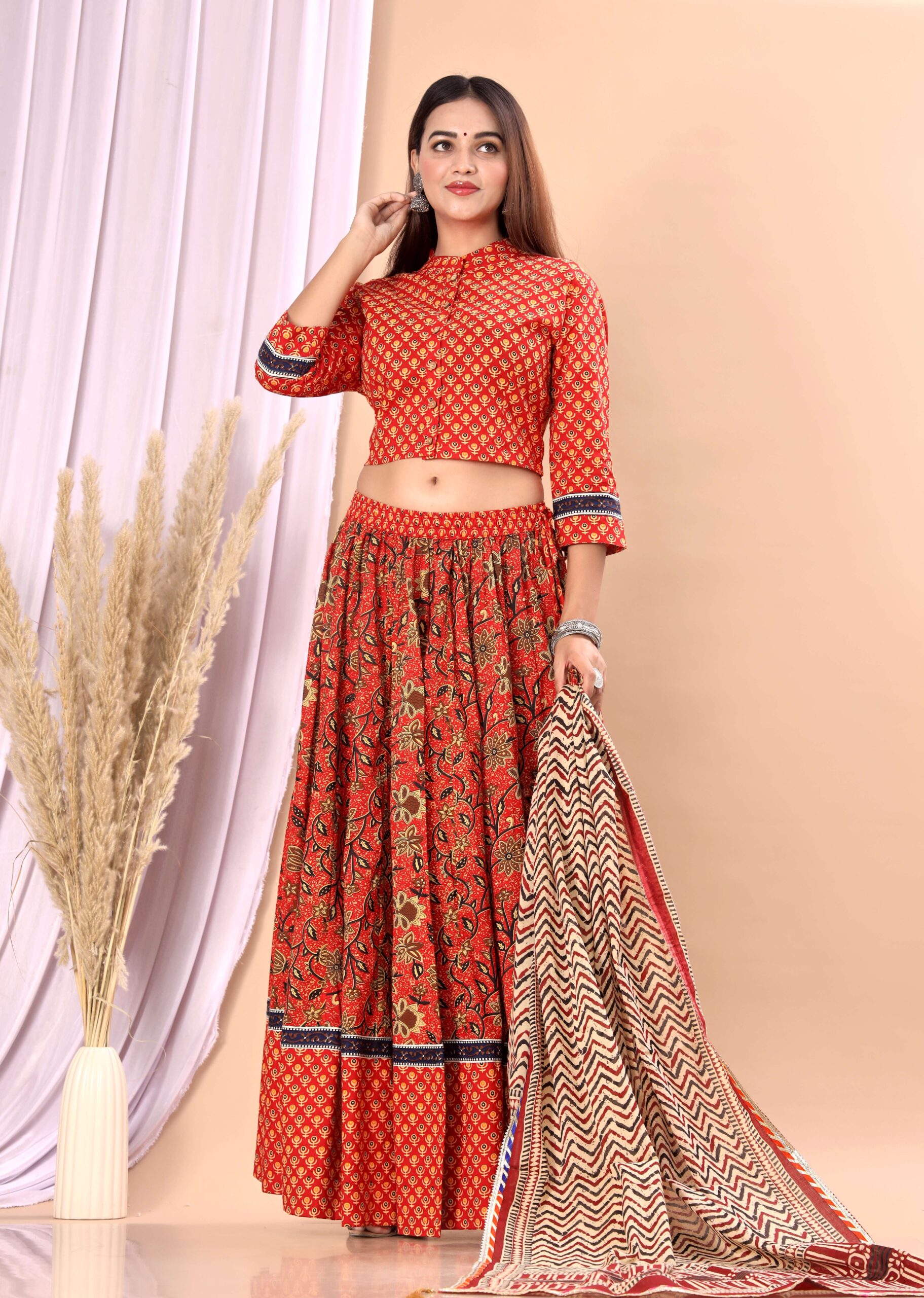Women’s Red Cotton Printed Lehenga Choli Dupatta Set - Image 3