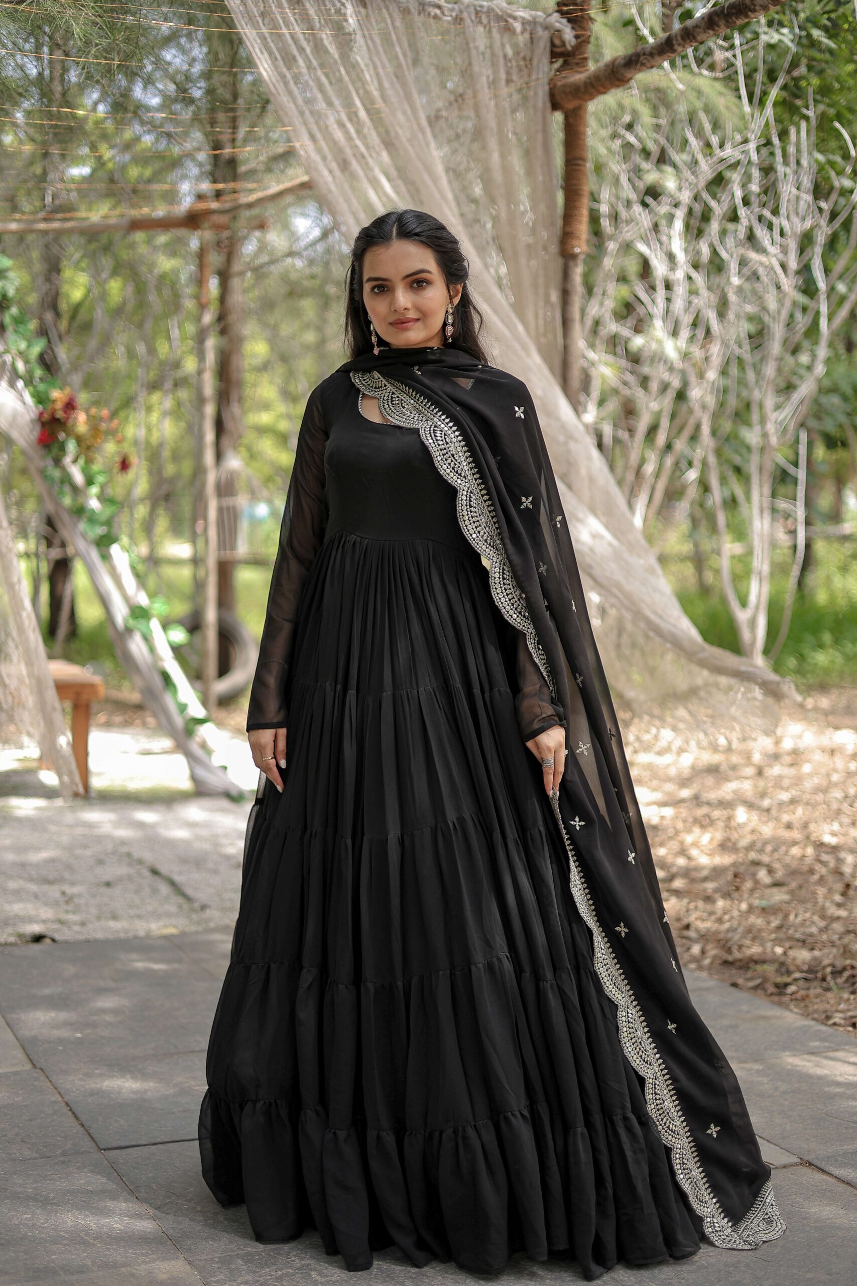 Black Premium Faux Georgette Designer Gown with Sequined Dupatta ? Fully Flaired Ready-to-Wear Set - Image 6