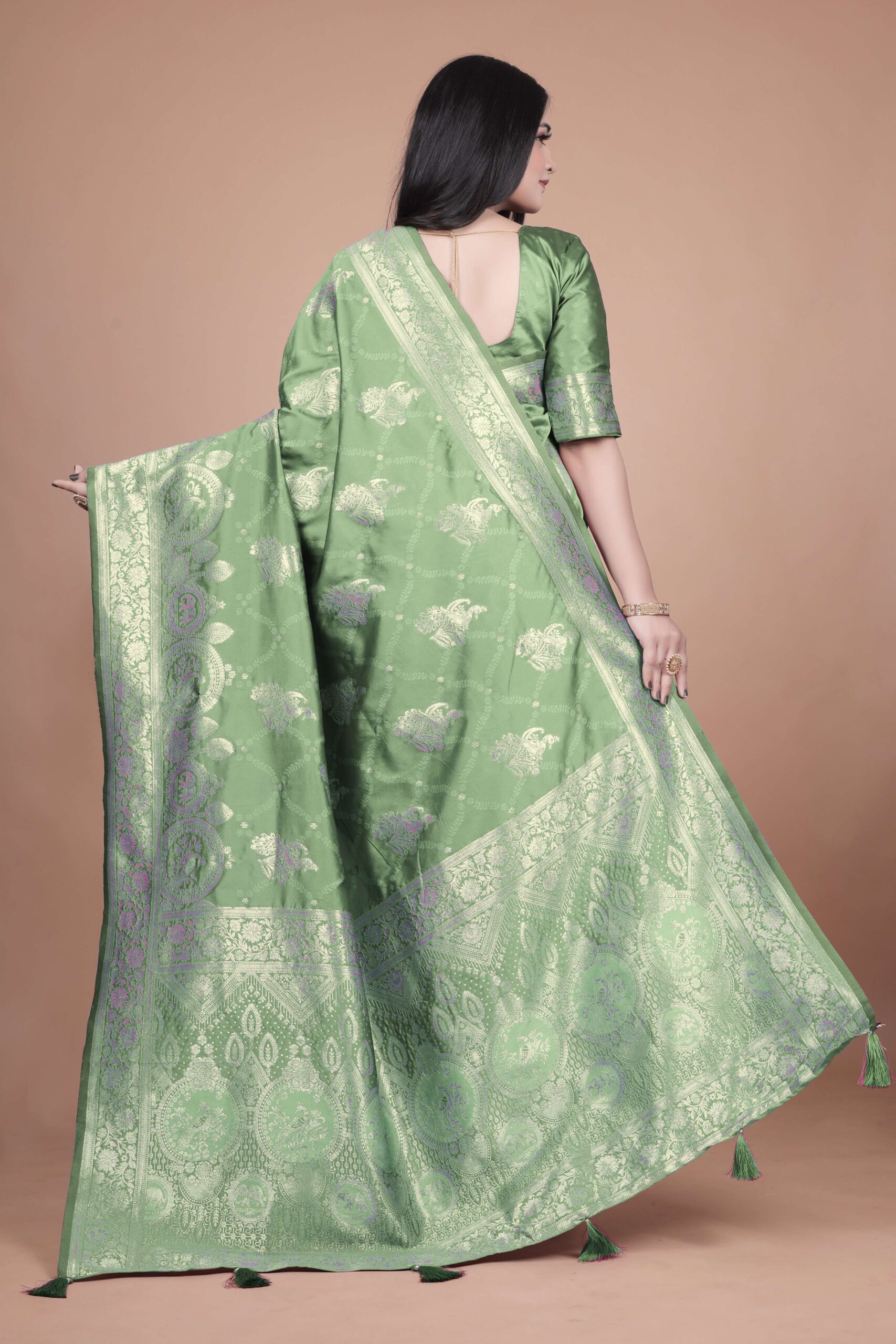 Mint Green Banarasi Silk Saree with Golden Zari | Floral & Ornate Pallu | Wedding, Festive & Traditional Wear - Image 4