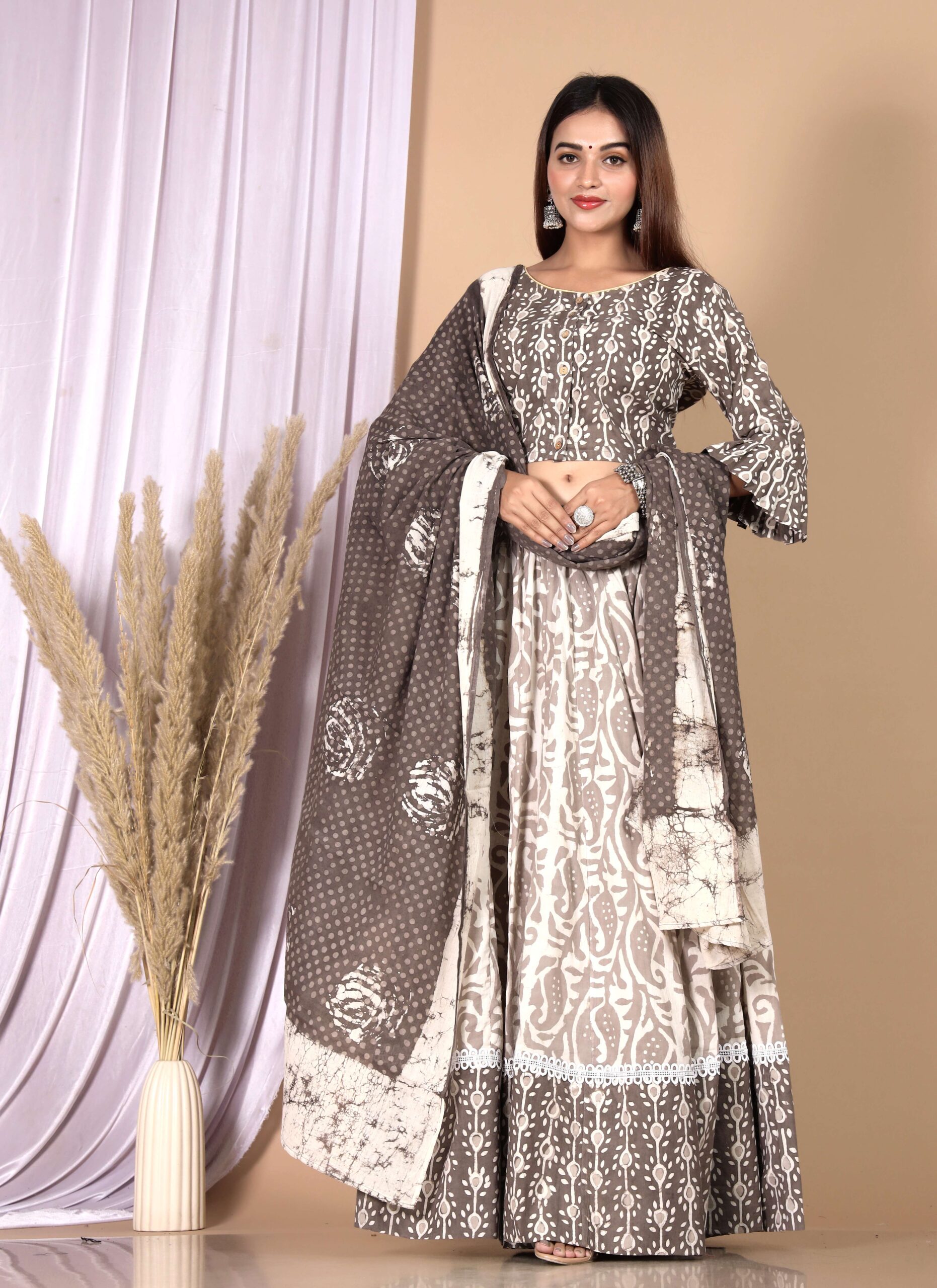 Women’s Grey Cotton Printed Lehenga Choli Dupatta Set - Image 2