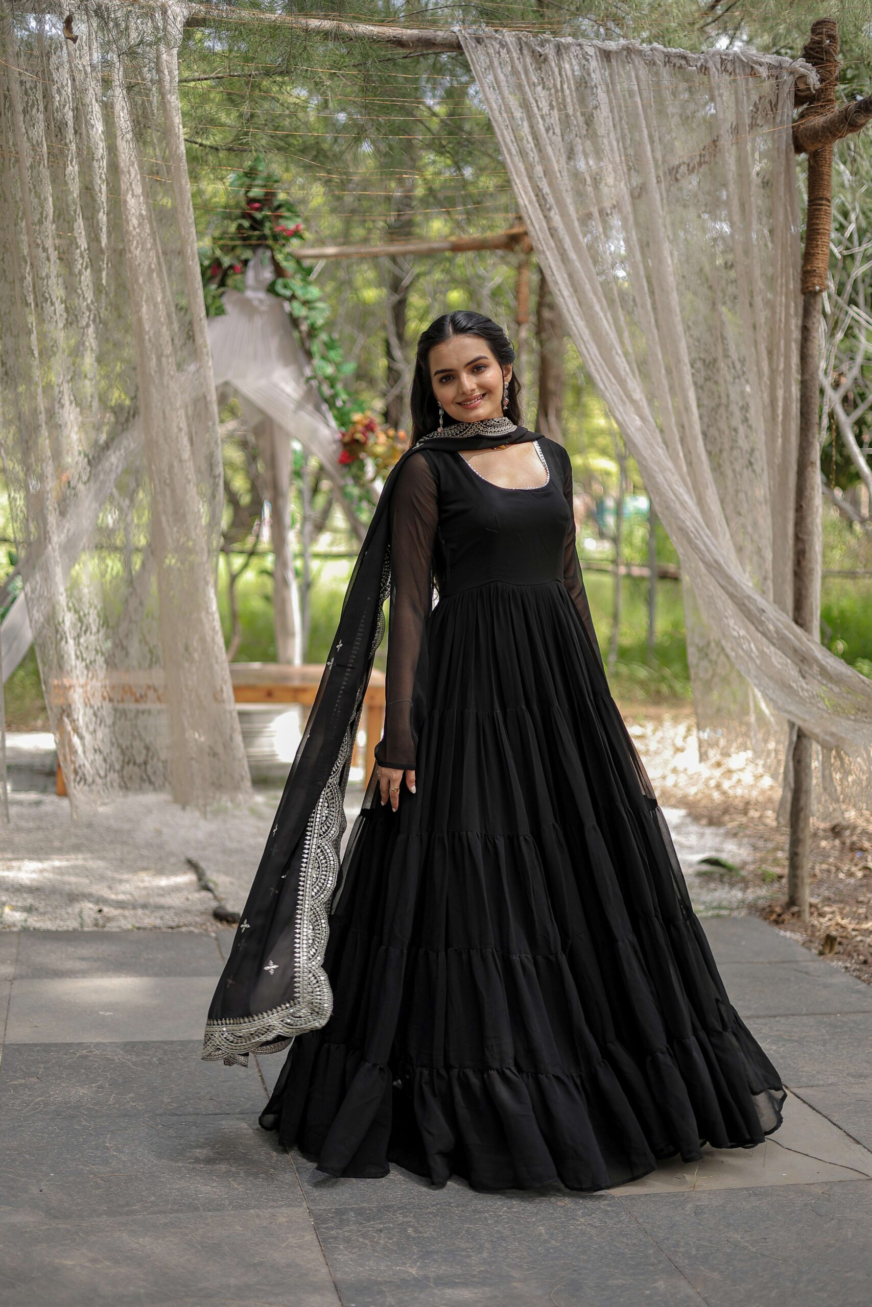 Black Premium Faux Georgette Designer Gown with Sequined Dupatta ? Fully Flaired Ready-to-Wear Set